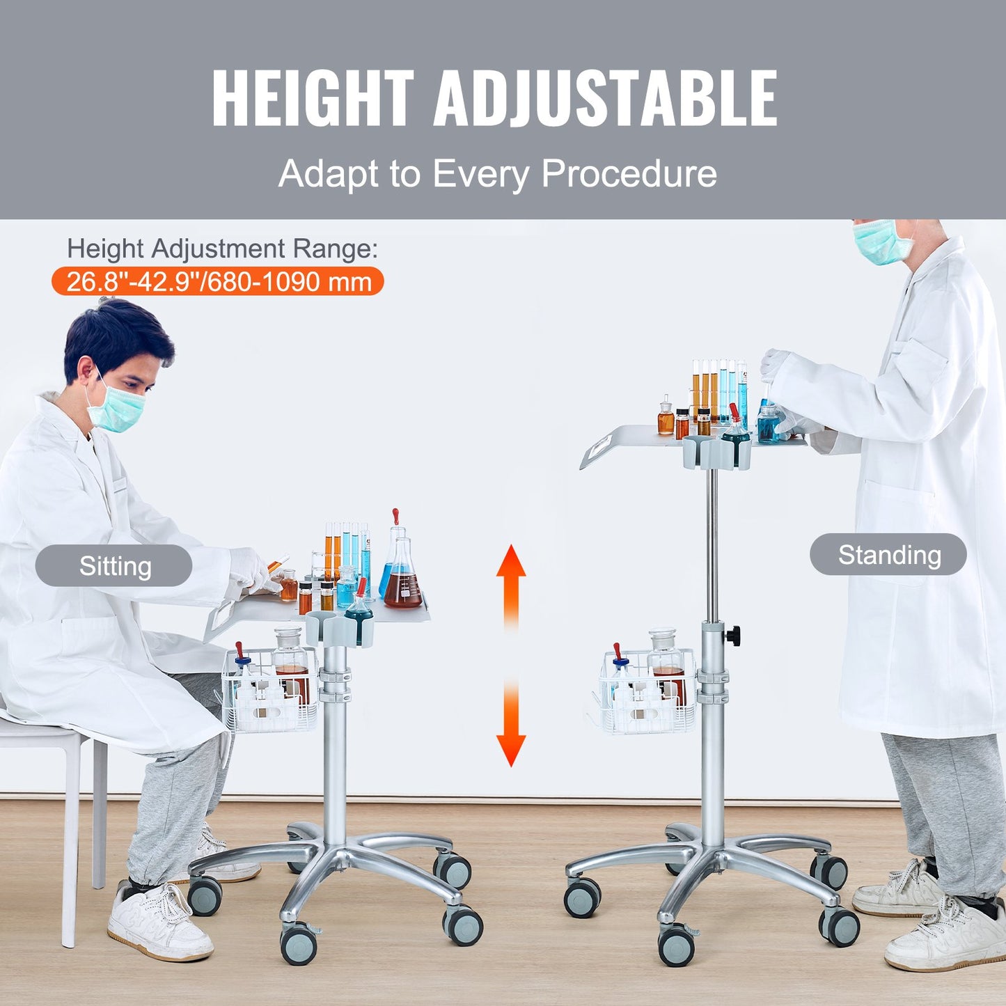 Medical Cart, Salon Cart with Wheels, Mobile Trolley Cart 26.77"-42.91" Height Adjustable, Metal Salon Stations for Hairdresser, Rolling Stationary Lab Cart for Clinic, Beauty and Salon