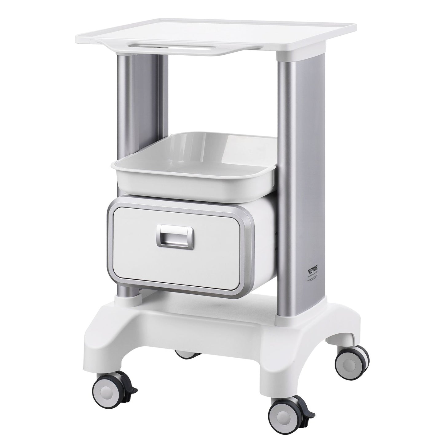 2 Tiers Lab Carts Mobile Medical Cart with 1 Drawer & 1 Top Tray White