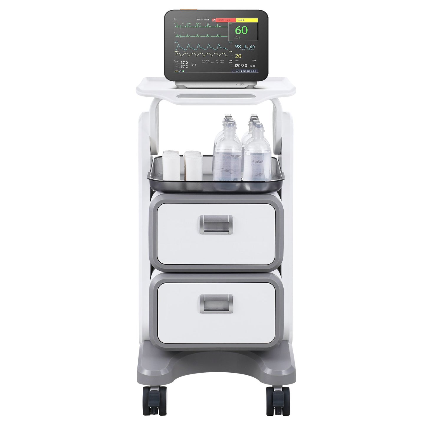 3 Tiers Lab Carts Mobile Medical Cart with 2 Drawers & 1 Top Tray White