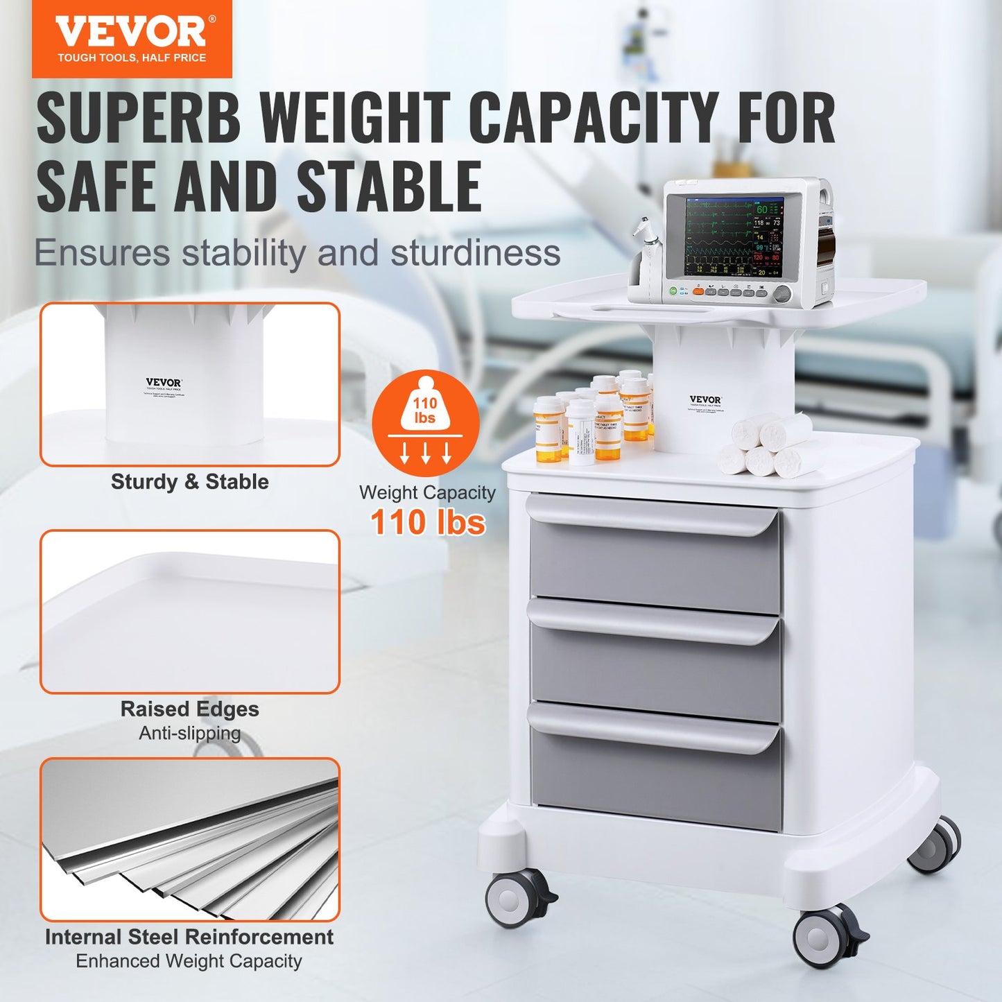 4 Tiers Lab Carts Mobil medicinsk vagn med 3 lådor & 1 toppbricka Vit