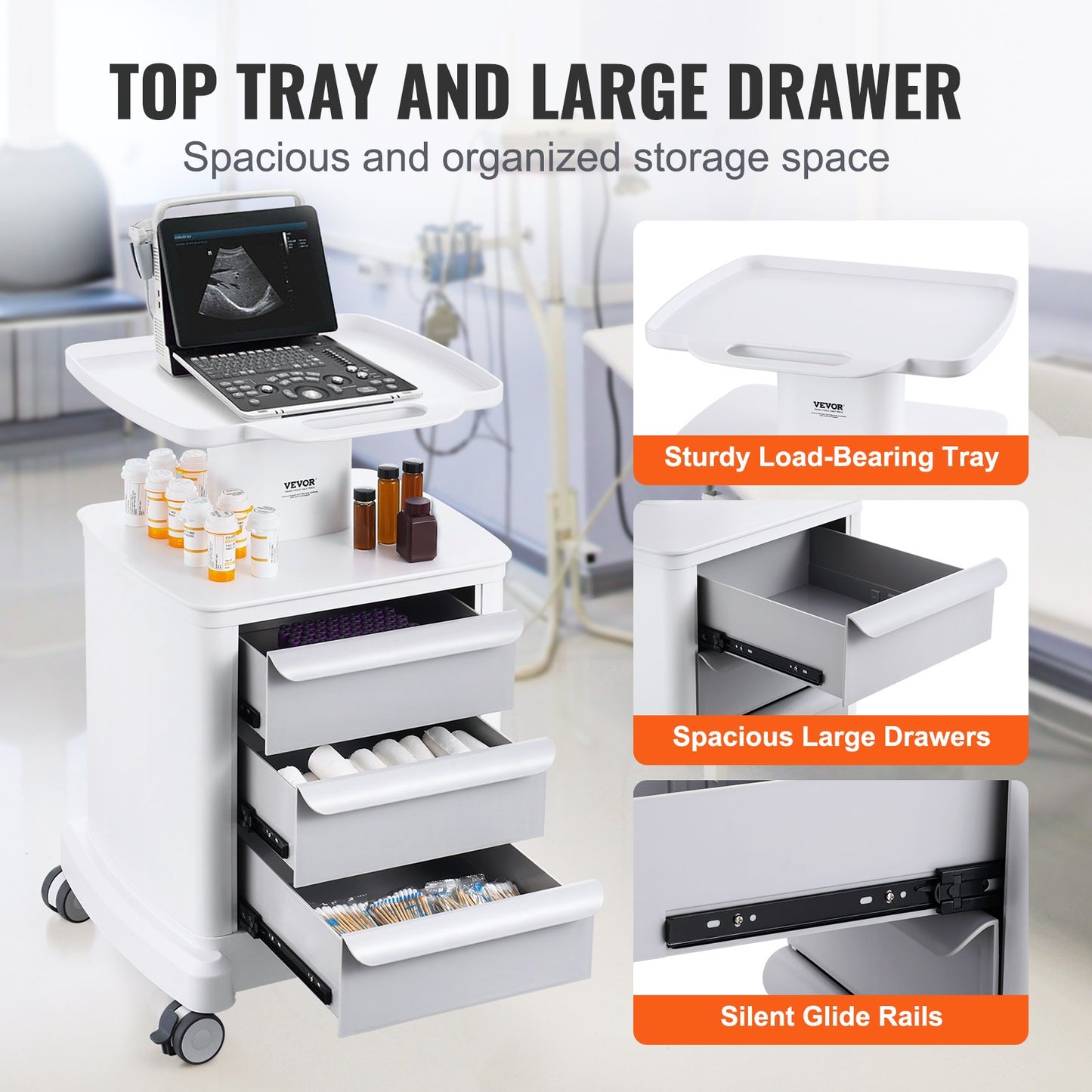 4 Tiers Lab Carts Mobil medicinsk vagn med 3 lådor & 1 toppbricka Vit