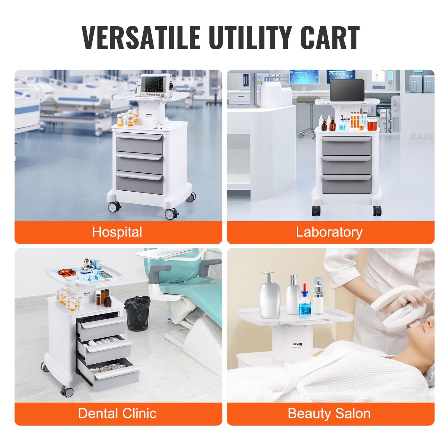 4 Tiers Lab Carts Mobil medicinsk vagn med 3 lådor & 1 toppbricka Vit