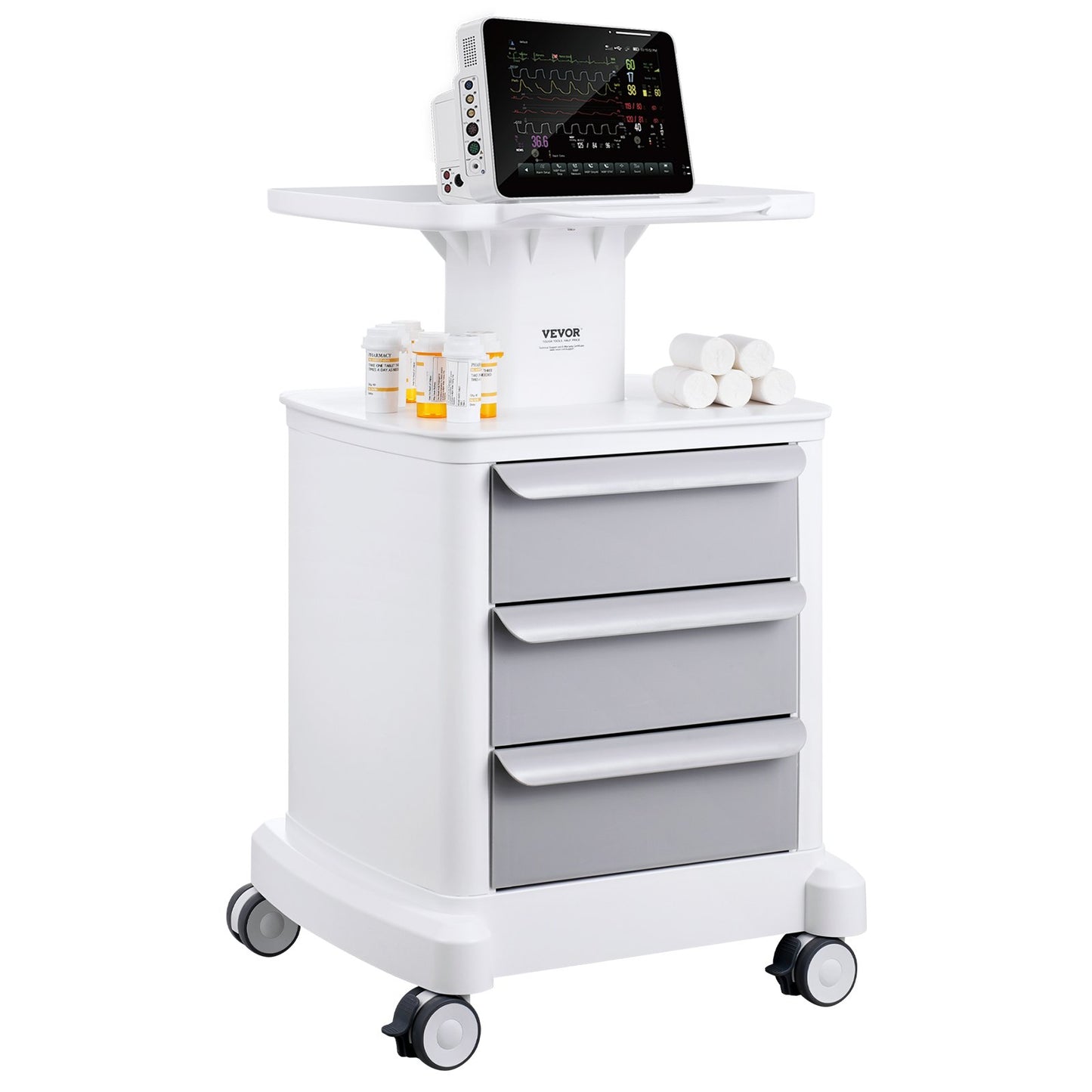 4 Tiers Lab Carts Mobil medicinsk vagn med 3 lådor & 1 toppbricka Vit