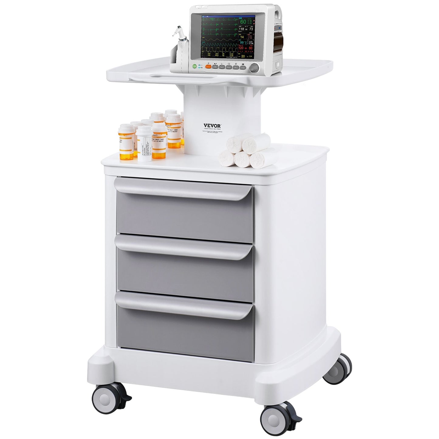 4 Tiers Lab Carts Mobil medicinsk vagn med 3 lådor & 1 toppbricka Vit