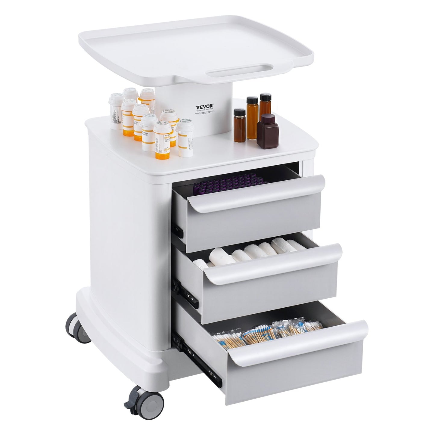 4 Tiers Lab Carts Mobil medicinsk vagn med 3 lådor & 1 toppbricka Vit