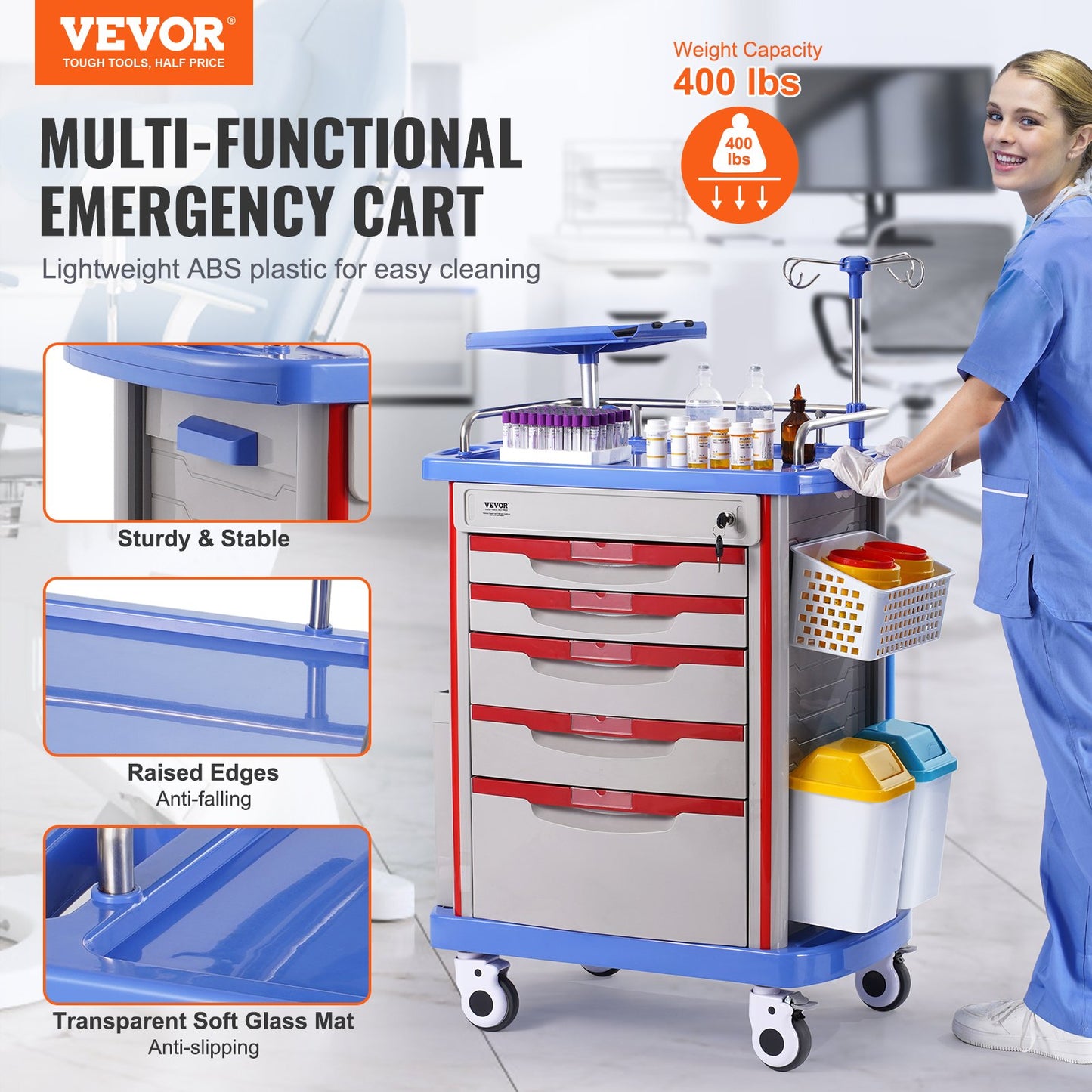5 Tiers Lab Carts Mobil medicinsk vagn med 5 lådor & 2 papperskorgar blå