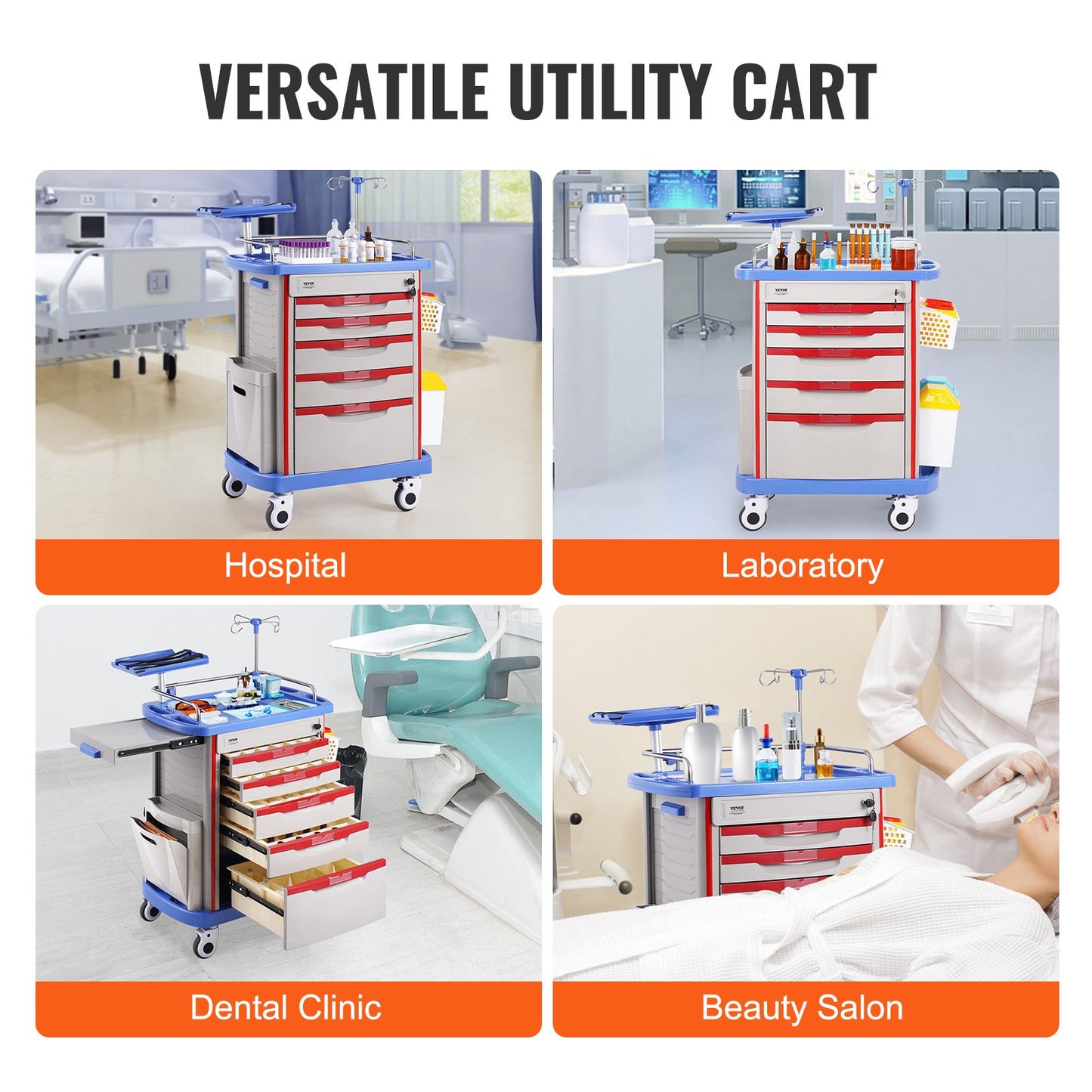 5 Tiers Lab Carts Mobil medicinsk vagn med 5 lådor & 2 papperskorgar blå