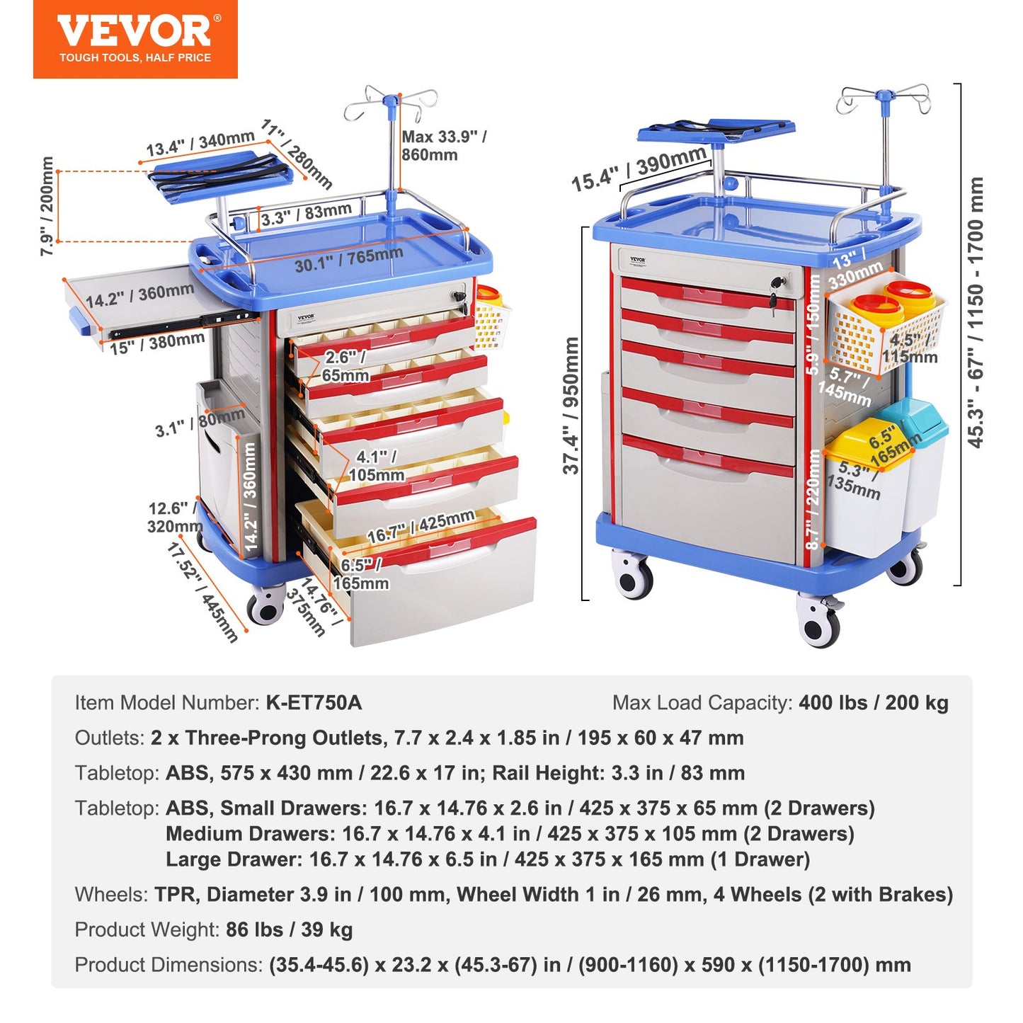 5 Tiers Lab Carts Mobil medicinsk vagn med 5 lådor & 2 papperskorgar blå