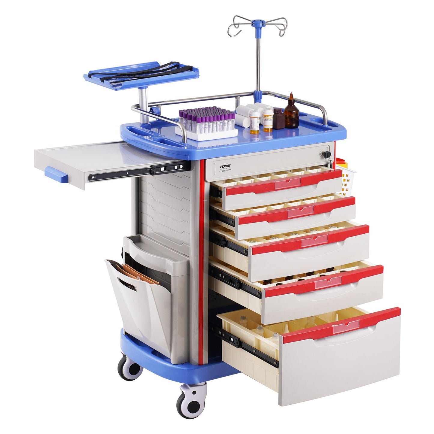 5 Tiers Lab Carts Mobil medicinsk vagn med 5 lådor & 2 papperskorgar blå