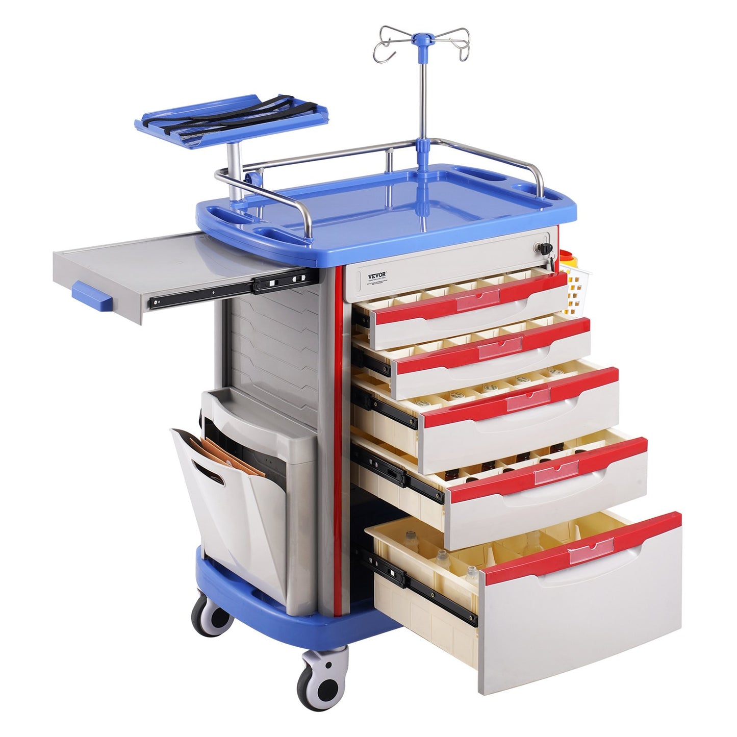 5 Tiers Lab Carts Mobil medicinsk vagn med 5 lådor & 2 papperskorgar blå