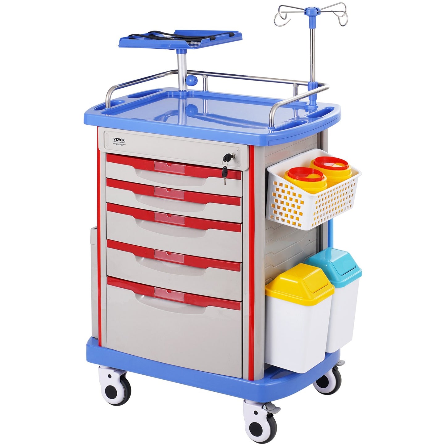 5 Tiers Lab Carts Mobil medicinsk vagn med 5 lådor & 2 papperskorgar blå