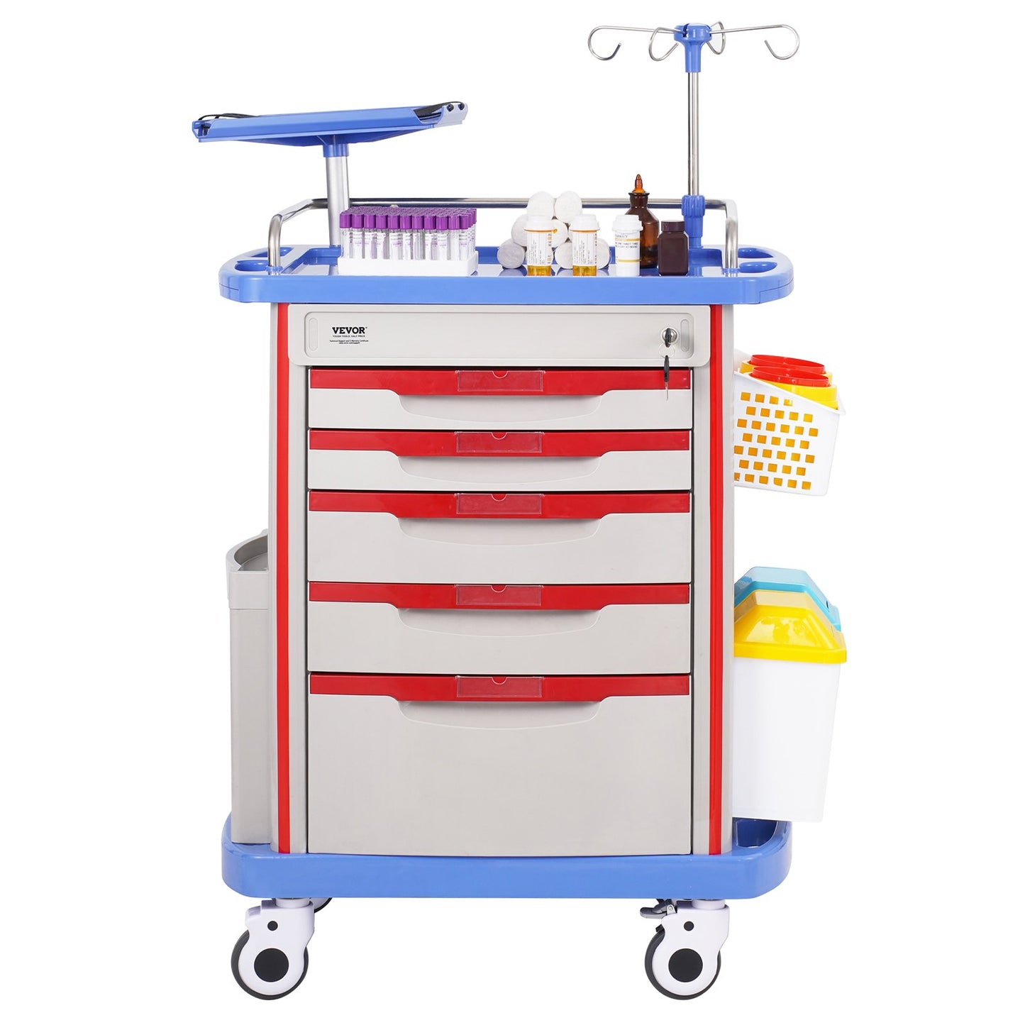 5 Tiers Lab Carts Mobil medicinsk vagn med 5 lådor & 2 papperskorgar blå