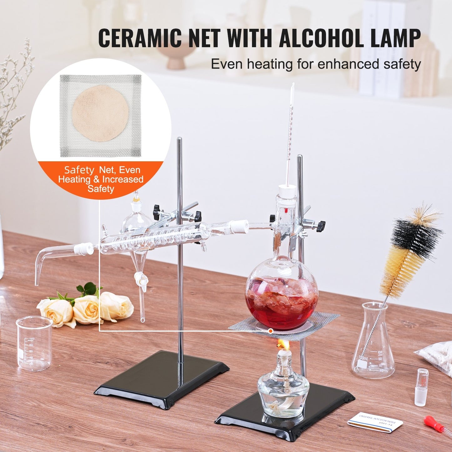 Essential Oil Destillation Kit, 500 ml destillationsapparat, 3,3 Boro Lab Glassware Destillation Kit med alkohollampa, keramiskt nät och 24, 40 led, 28 st.