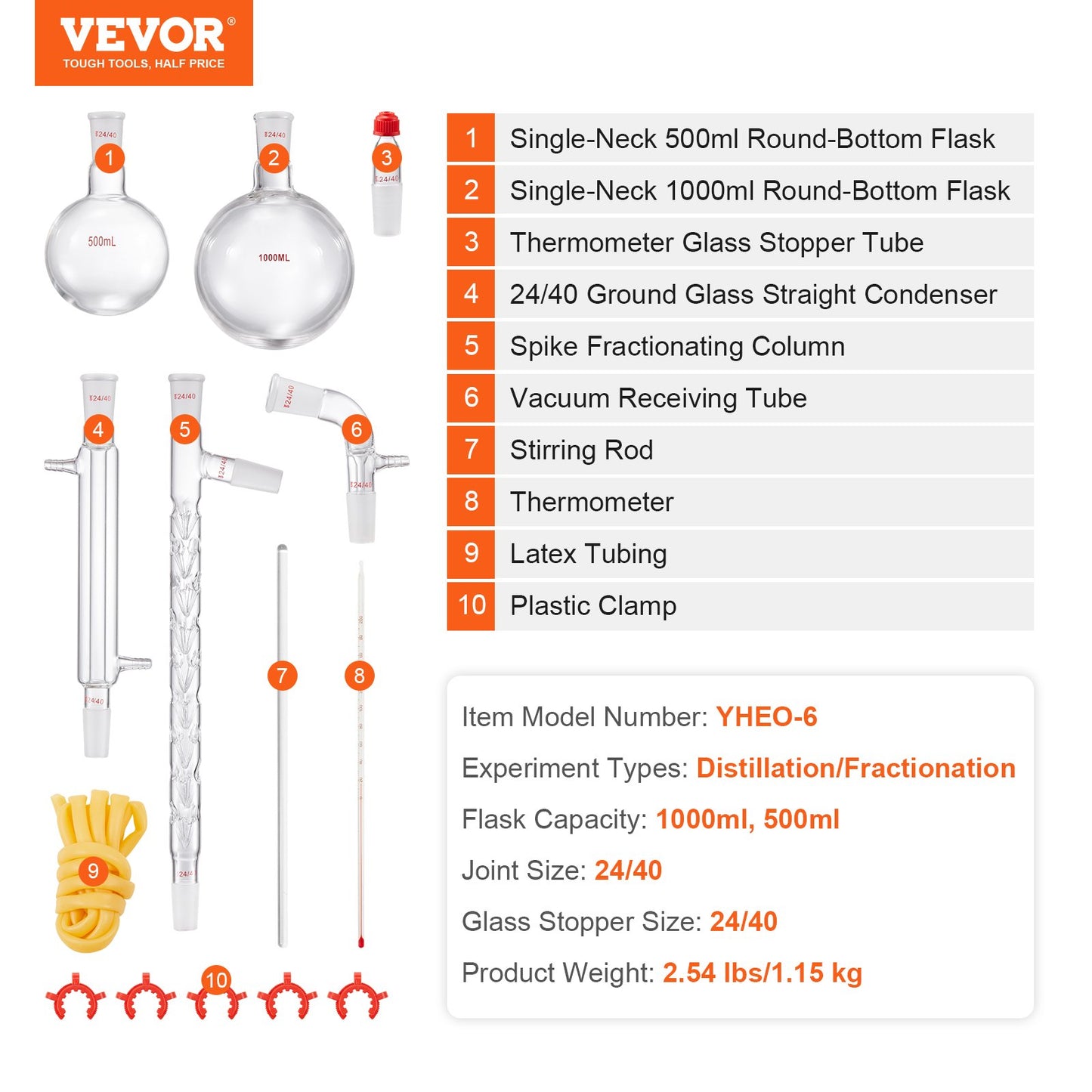 Lab-destillationssats, 3,3 Boro Lab-glasdestillationssats med 24, 40 led, 1000 ml destillationsutrustning för eterisk olja, 14 st set med glasutrustning