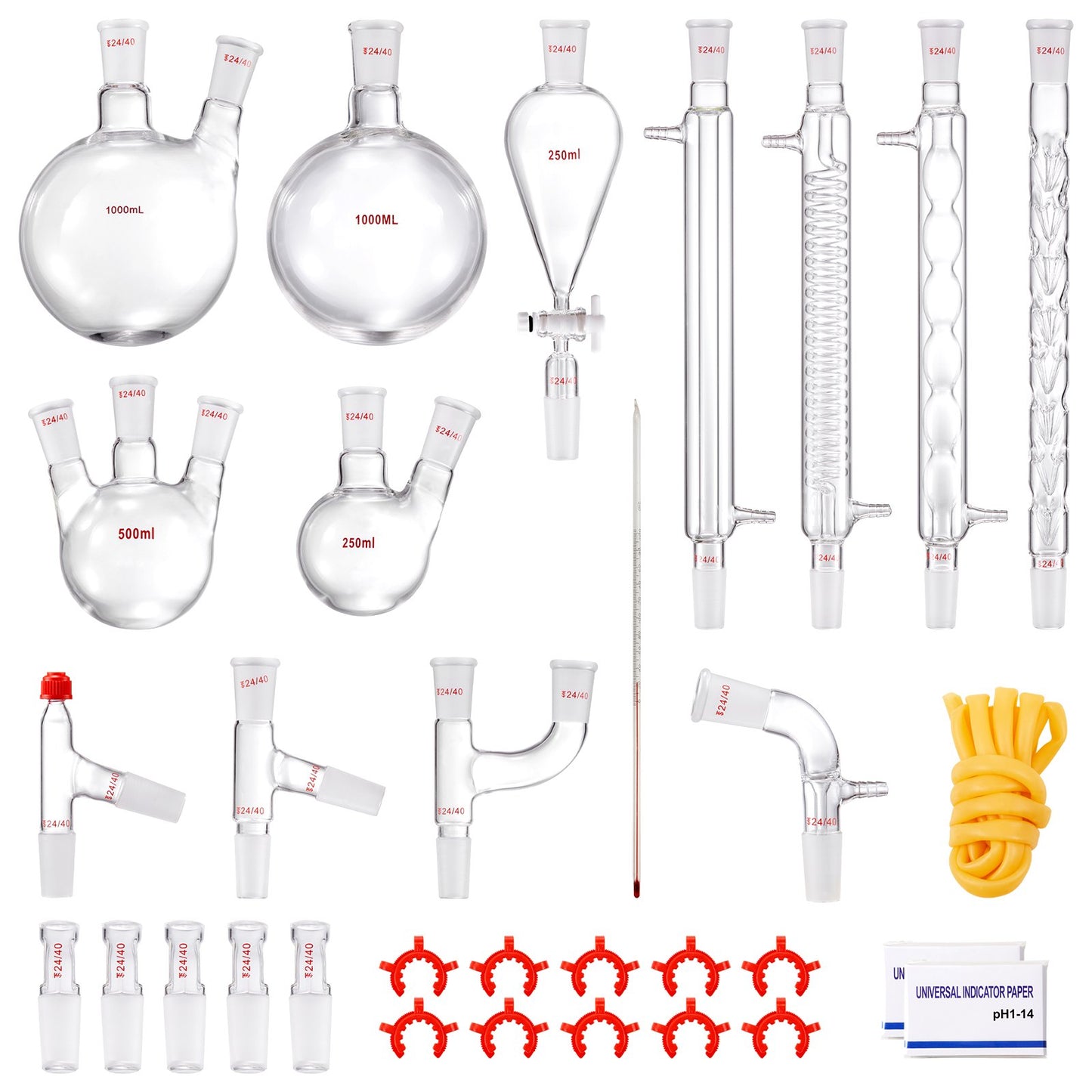 Lab-destillationssats, 3,3 Boro Lab-glasdestillationssats med 24, 40 led, 1000 ml eterisk oljedestillationsutrustning, 32 st uppsättning glasutrustning