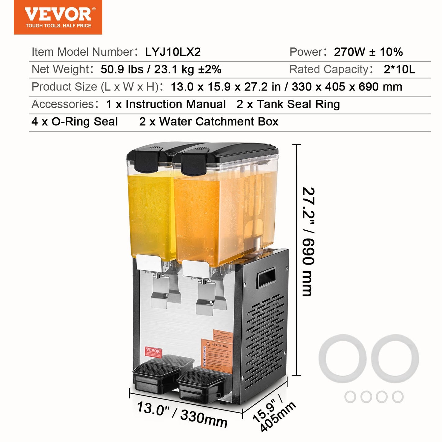 Commercial Beverage Dispenser 10L x 2 Tankar Kall Juice Is Dryck Dispenser