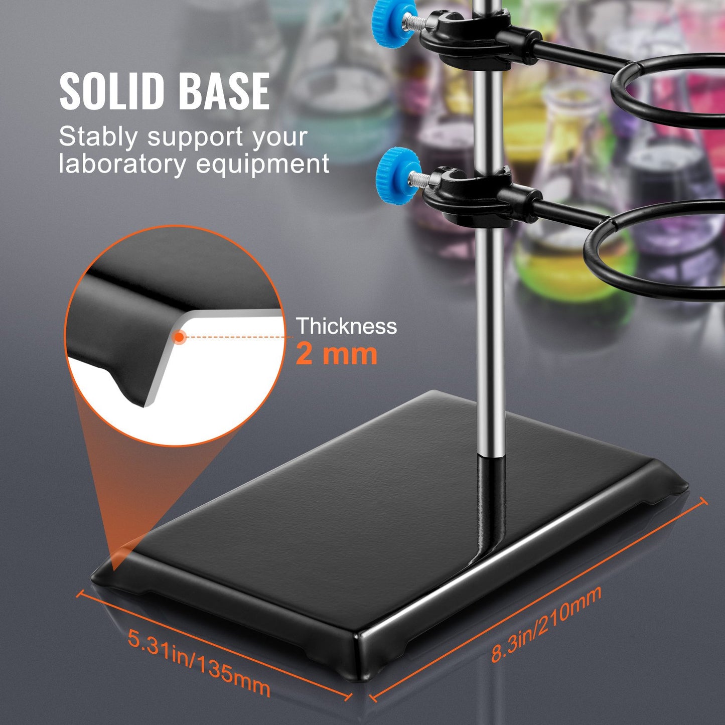 Lab Stand Support, Laboratory Retort Support Stand Set, Steel Lab Stand 23,6" Stång och 8,3" x 5,3" gjutjärnsbas, inkluderar kolvklämmor, en byrettklämma och tvärklämmor