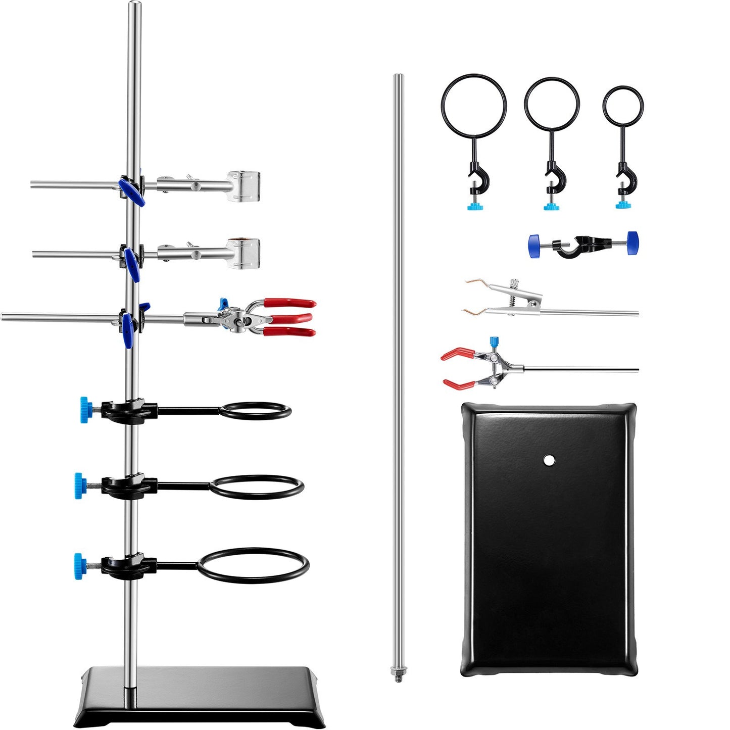 Lab Stand Support, Laboratory Retort Support Stand Set, Steel Lab Stand 23,6" Stång och 8,3" x 5,3" gjutjärnsbas, inkluderar kolvklämmor, en byrettklämma och tvärklämmor