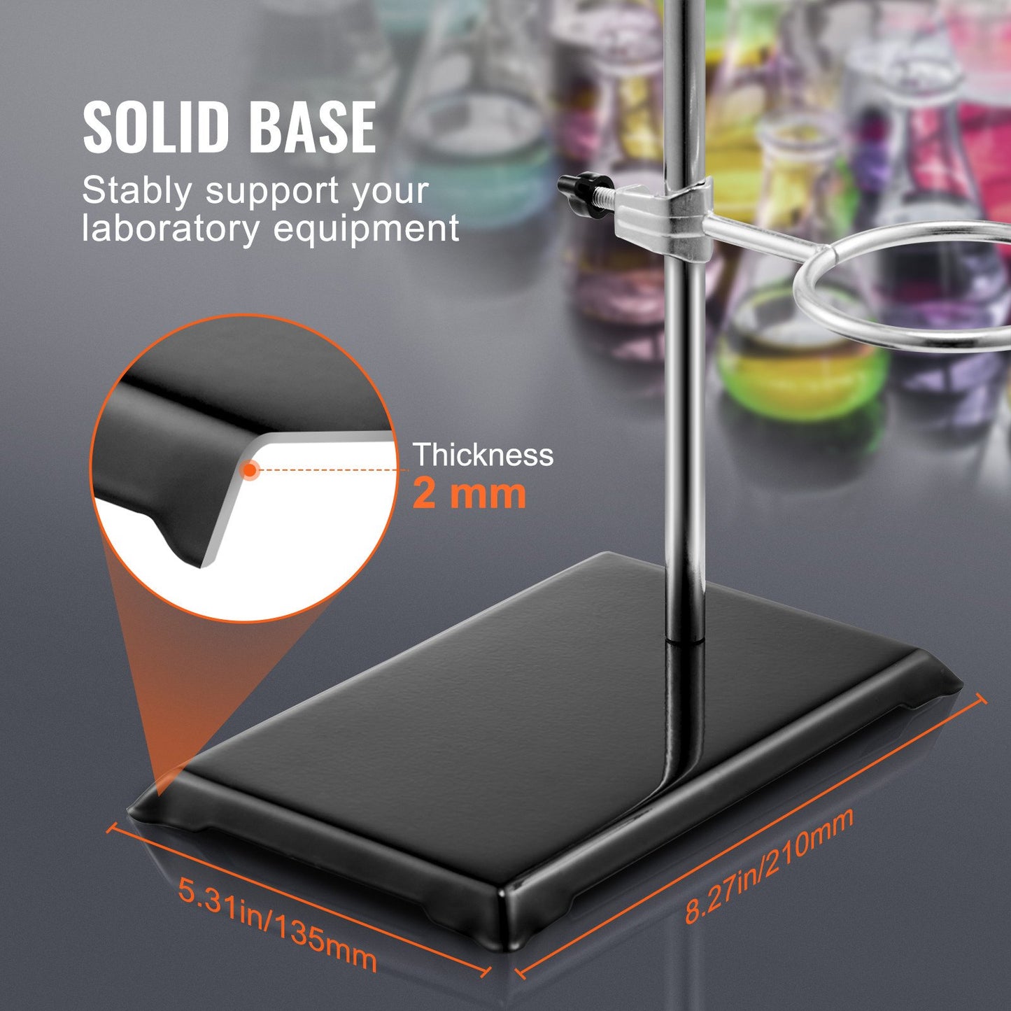 Lab Stand Support, Laboratory Retort Support Stand 2 sets, Steel Lab Stand 23.6" rod and 8.3" x 5.3" cast iron base, includes flask clamps, burette clamps and cross clamps