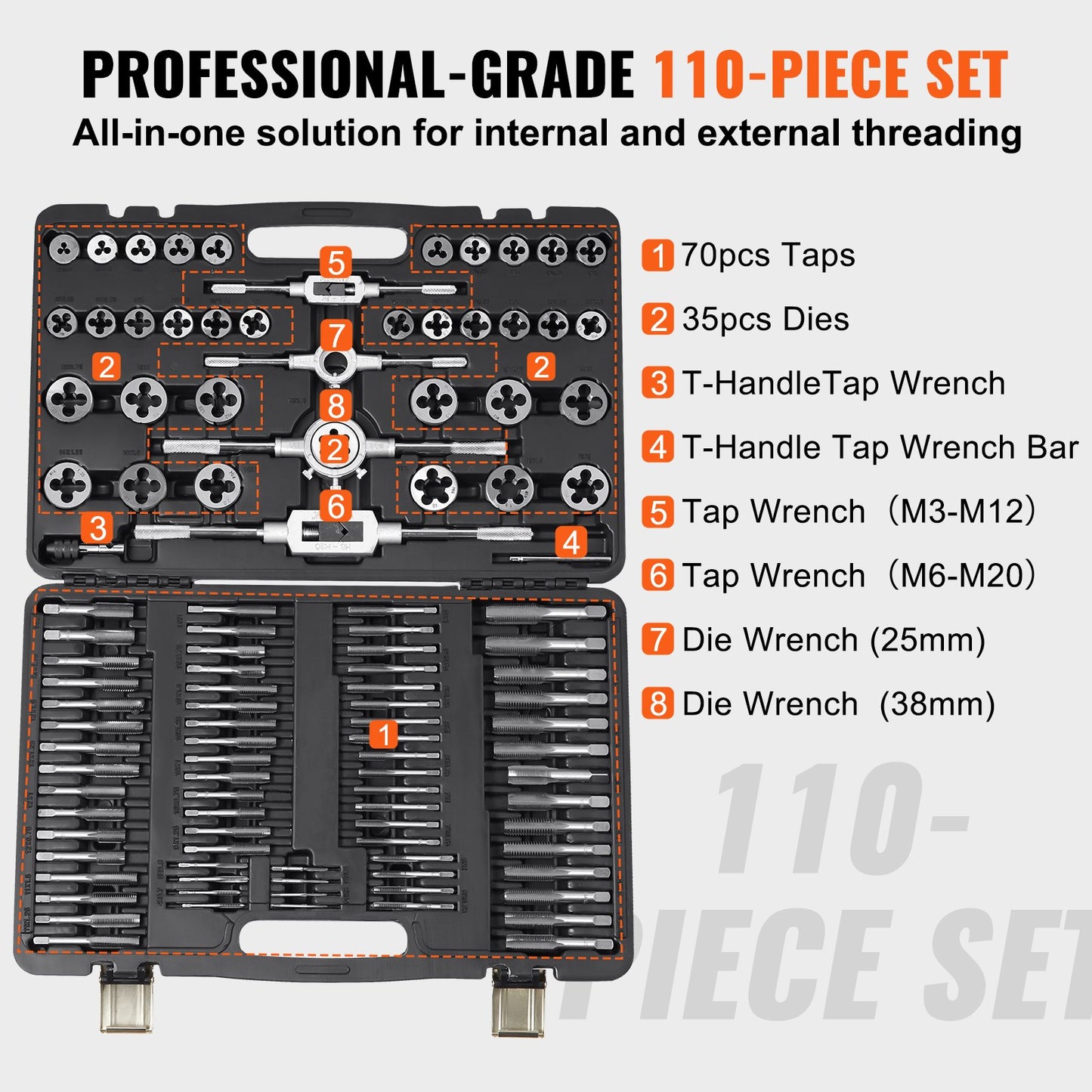 Tap and die set, 110 pieces includes metric size M2 to M18, bearing steel taps and dies, essential threading tool for cutting external internal threads, with complete accessories and storage case