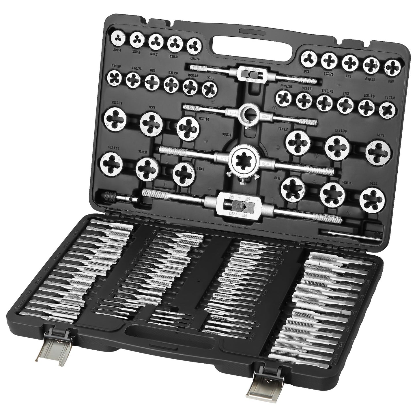 Tap and die set, 110 pieces includes metric size M2 to M18, bearing steel taps and dies, essential threading tool for cutting external internal threads, with complete accessories and storage case