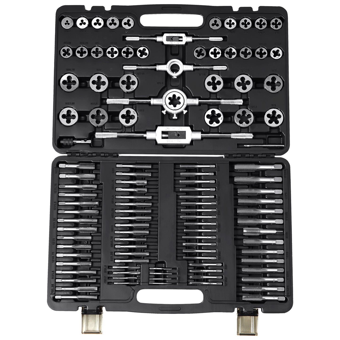 Tap and die set, 110 pieces includes metric size M2 to M18, bearing steel taps and dies, essential threading tool for cutting external internal threads, with complete accessories and storage case