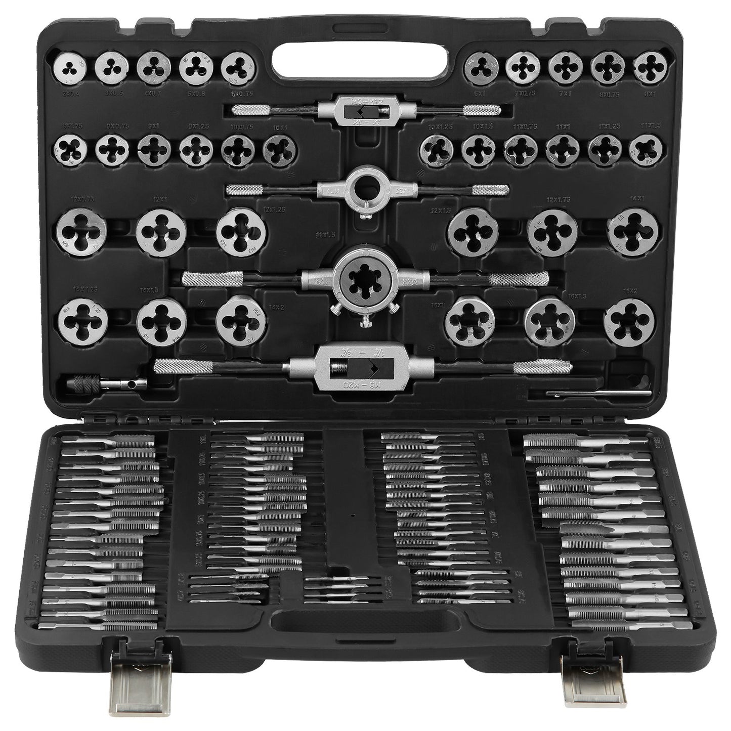 Tap and die set, 110 pieces includes metric size M2 to M18, bearing steel taps and dies, essential threading tool for cutting external internal threads, with complete accessories and storage case