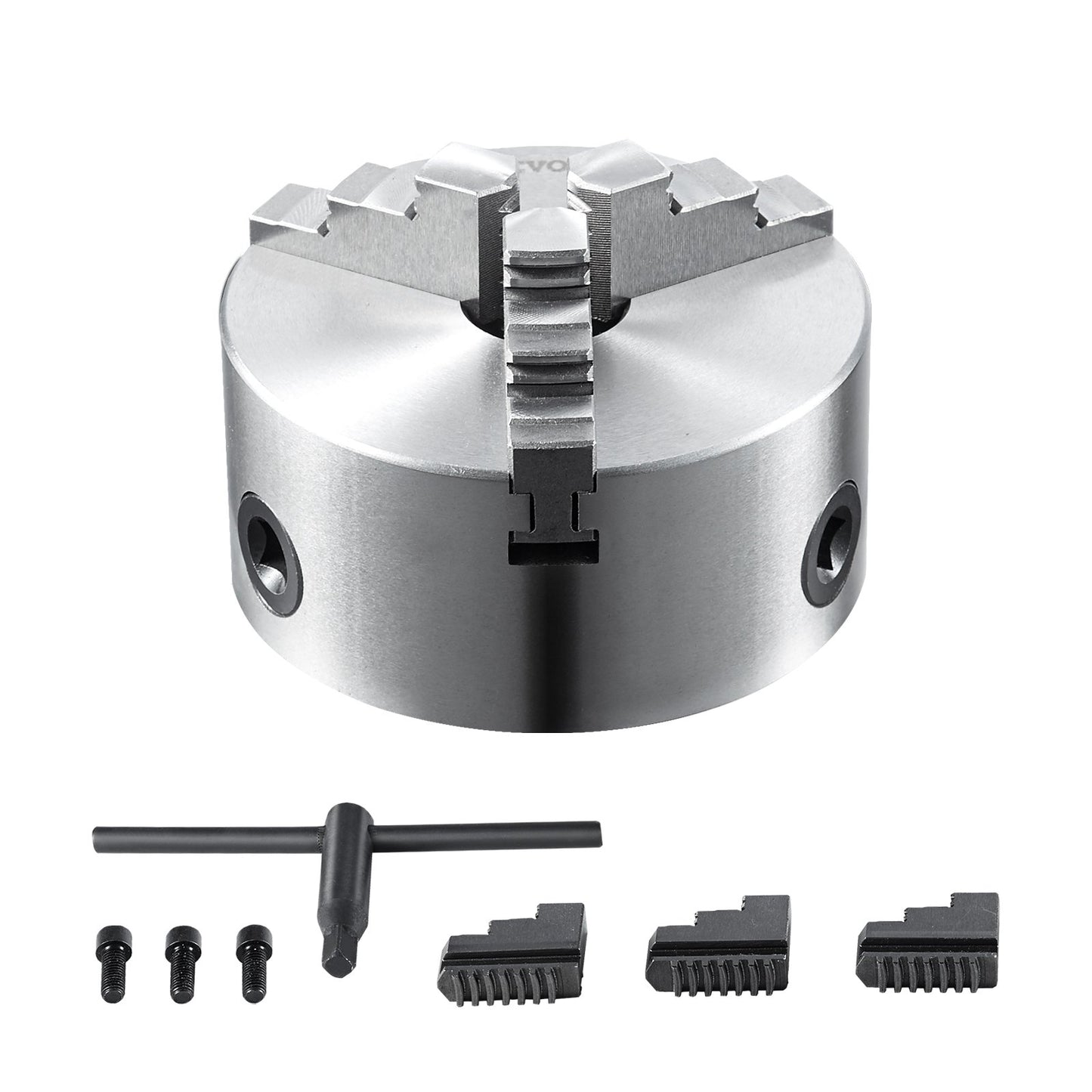 3-Backen-Drehfutter, 5'', selbstzentrierendes Drehfutter, 0,1-5 Zoll/2,5 -125 mm Spannbereich mit T-Schlüssel-Befestigungsschrauben Wendebacken, für Drehmaschine 3D-Druckerbearbeitung Zentrierfräse Bohrmaschine