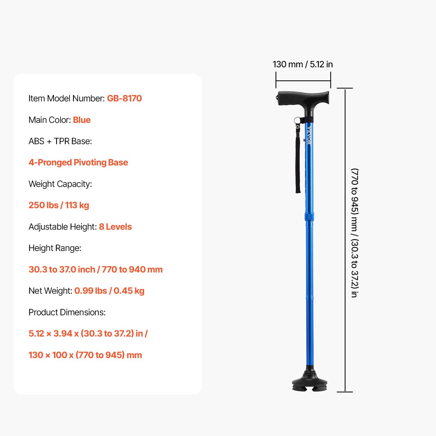 Walking Cane Foldable Walking Stick 8-Level Height 4-Prong Swivel Base