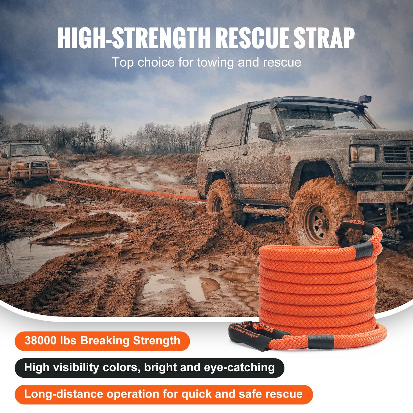 1" x 30" Kinetic Recovery Bogserrep 38 000 lbs, Heavy Duty Off Road Snatch Strap, Extrem Duty 30% Elasticitet Energi Snap Strap för Jeep Car Truck ATV UTV SUV Traktor