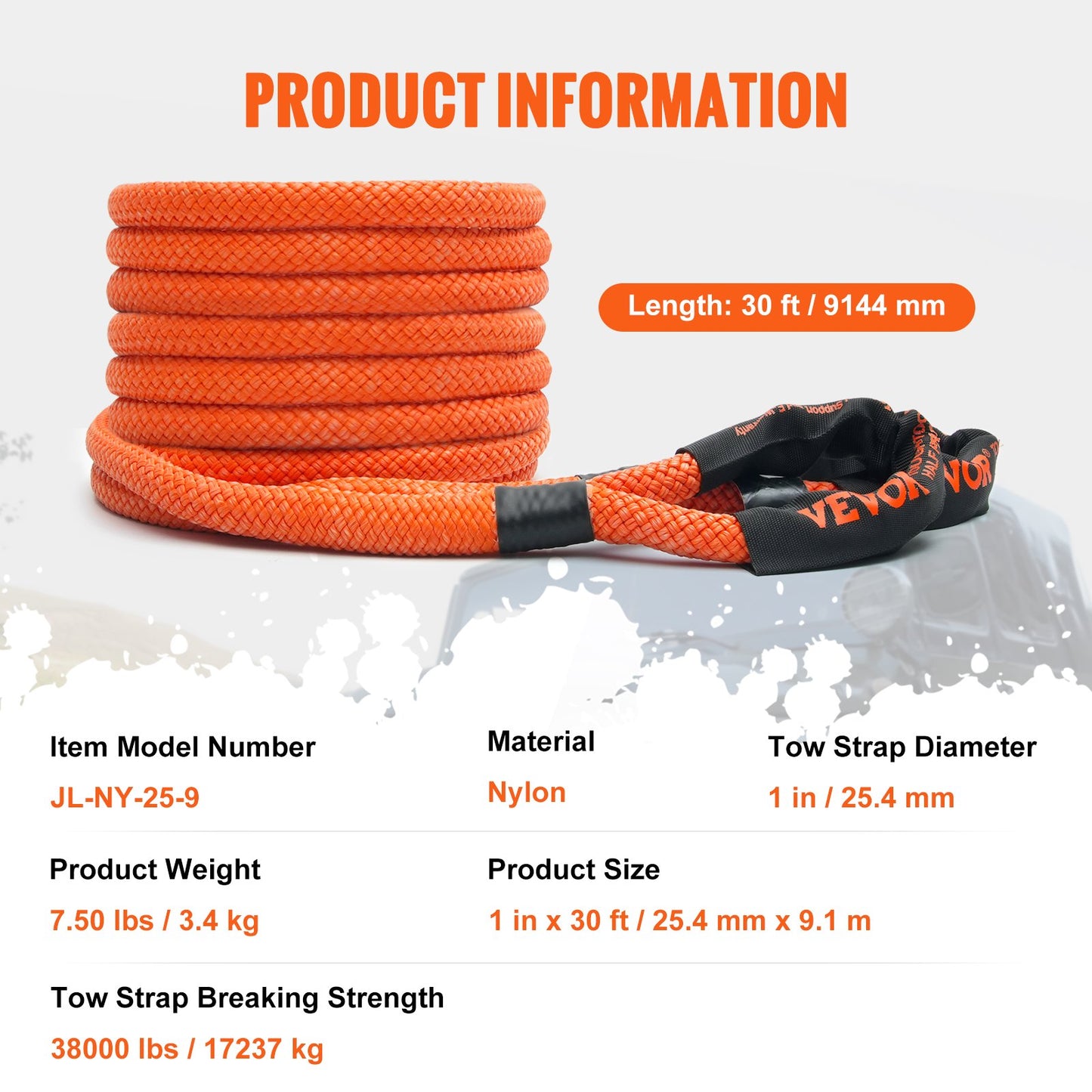 1" x 30" Kinetic Recovery Bogserrep 38 000 lbs, Heavy Duty Off Road Snatch Strap, Extrem Duty 30% Elasticitet Energi Snap Strap för Jeep Car Truck ATV UTV SUV Traktor
