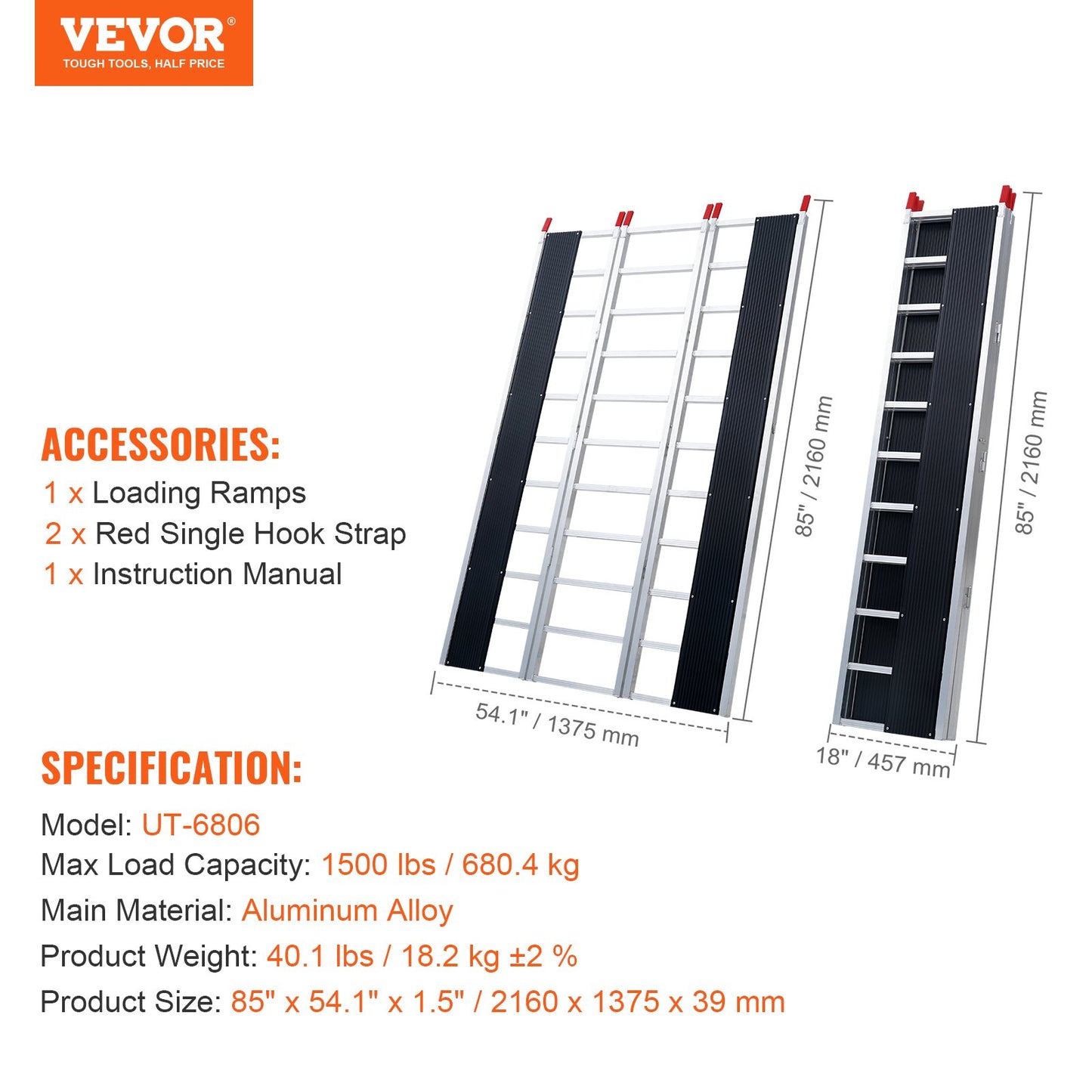 85" x 54" Extra bred aluminium fällbar ramp 1500LBS Kapacitet Lastramp