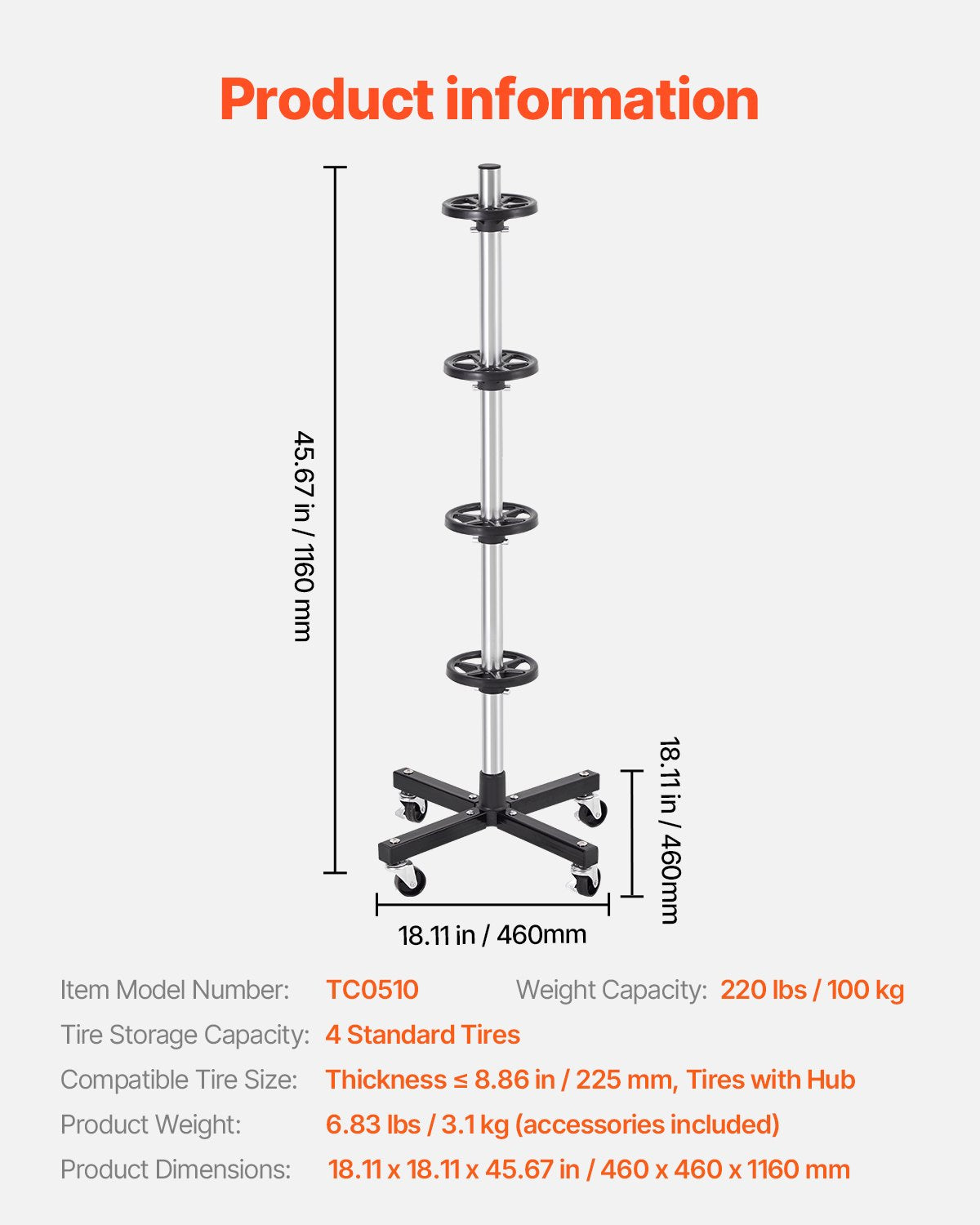 Tire rack for 4 tires with rim Mobile tire rack Fits up to 225 mm wide tires