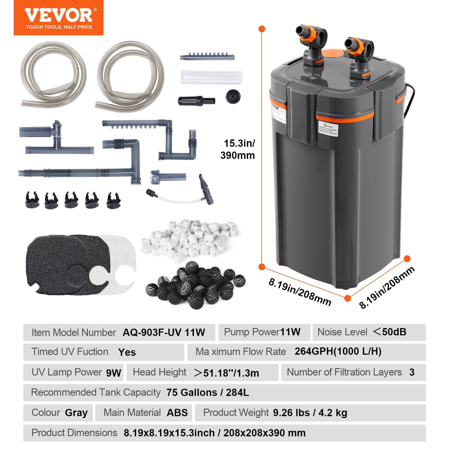 75 Gallon Aquarium Canister Filter 11w UV-lampa Fish Tank Tyst