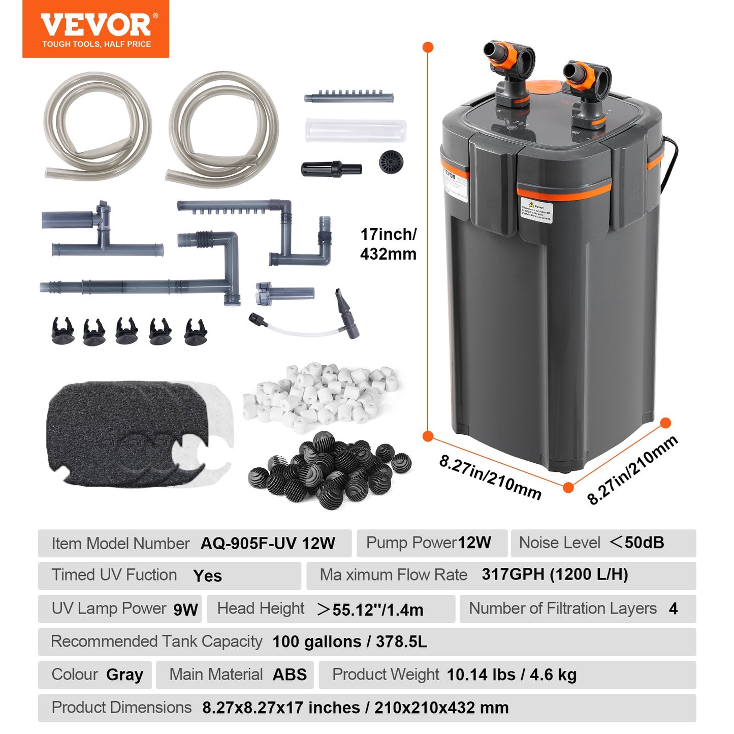 100 Gallon Aquarium Canister Filter 12w UV-lampa Fish Tank Tyst