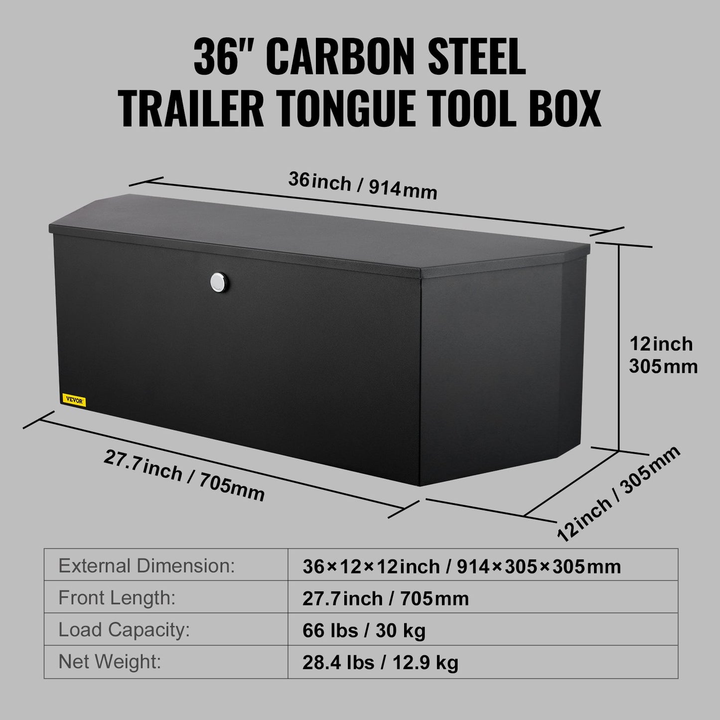 Trailer Tongue Tool Förvaringslåda 36 x 12 x 12 tum kolstål + låsnycklar
