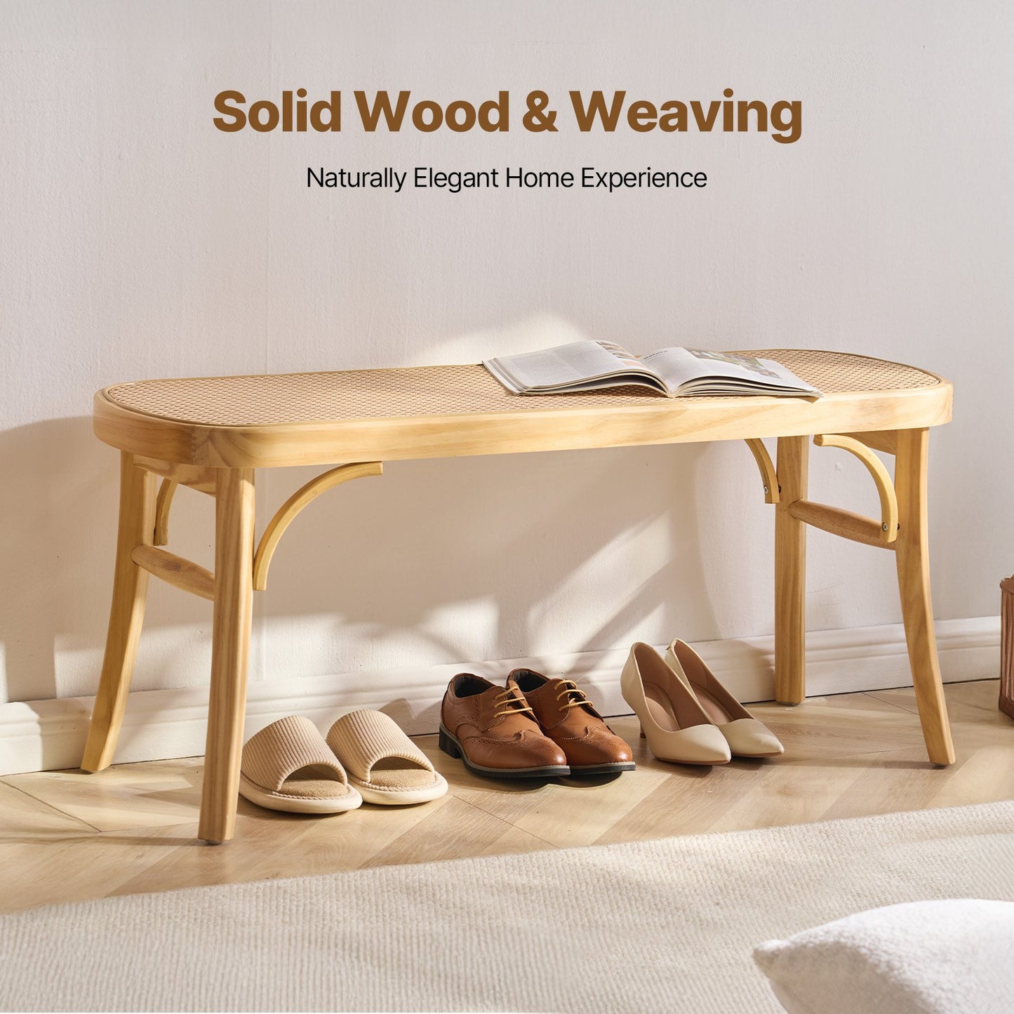 Rattanbank Holzbank 110 cm für den Eingangsbereich, Wohn- und Schlafzimmer