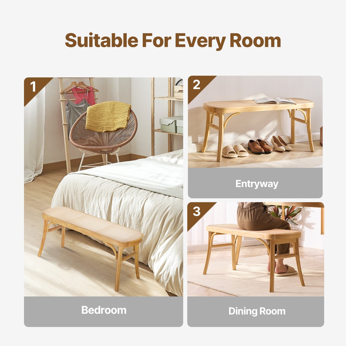 Rattanbank Holzbank 110 cm für den Eingangsbereich, Wohn- und Schlafzimmer