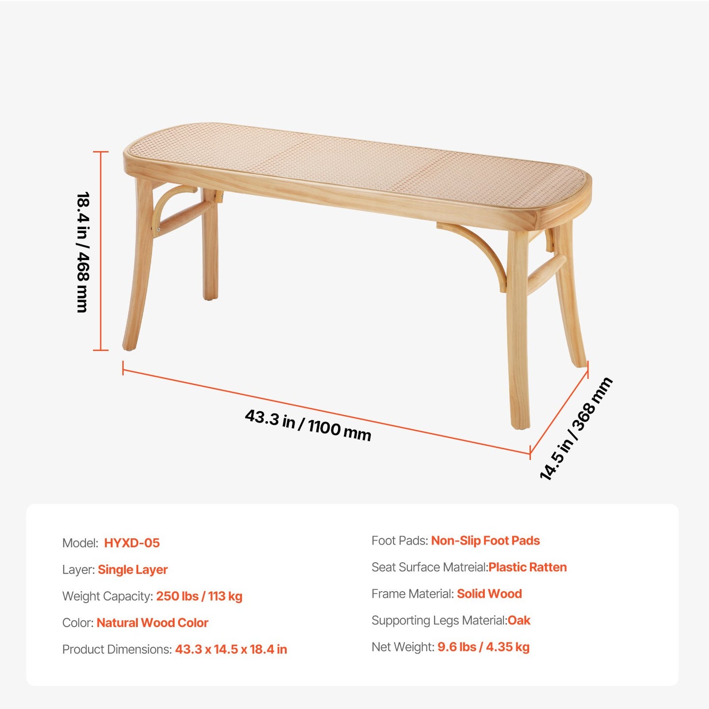 Rattanbank Holzbank 110 cm für den Eingangsbereich, Wohn- und Schlafzimmer