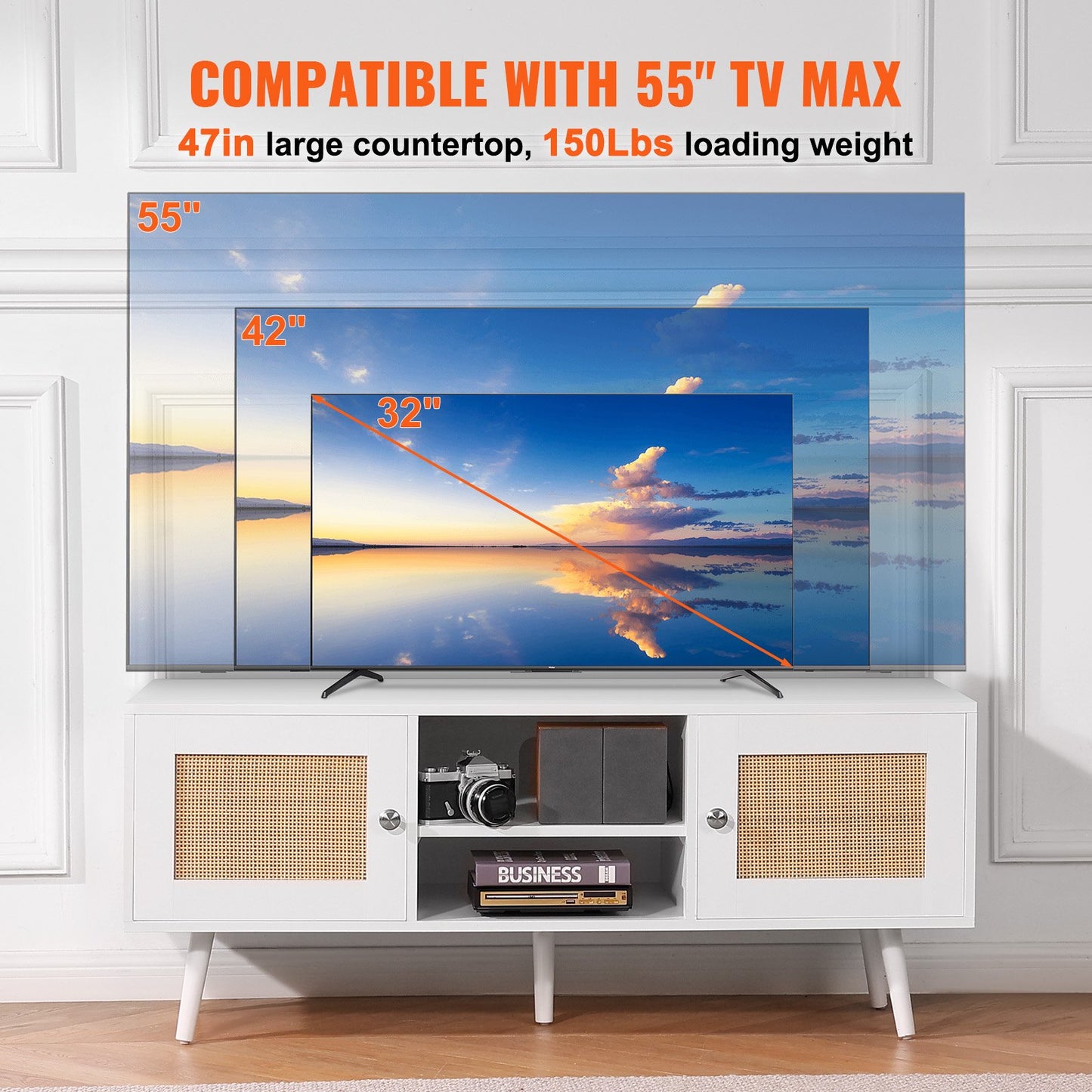 Rattan-TV-Ständer, Boho-TV-Schrank für 55-Zoll-Fernseher, Mid-Century Modern-TV-Ständer, Rattan-TV-Konsole mit verstellbaren Regalen für Wohnzimmer, Medienraum, Weiß