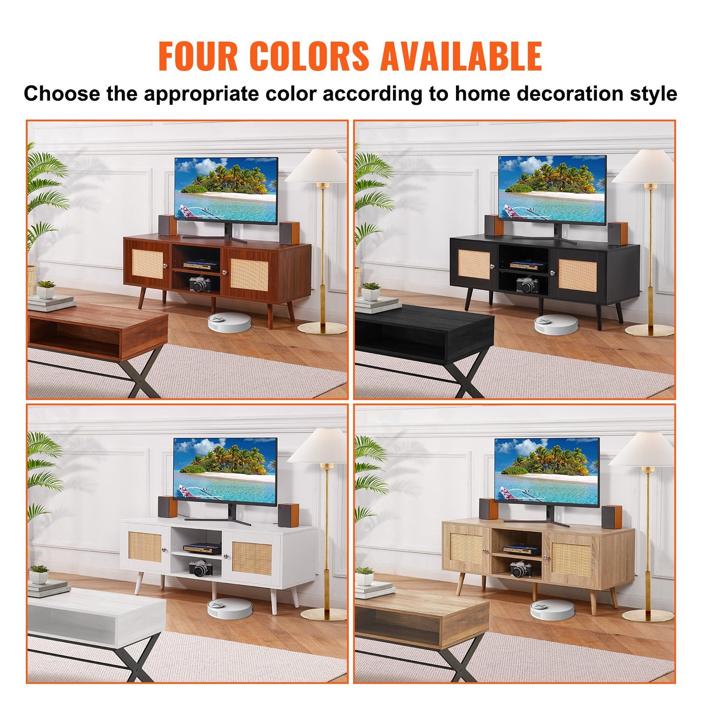 Rattan-TV-Ständer, Boho-TV-Schrank für 55-Zoll-Fernseher, Mid-Century Modern-TV-Ständer, Rattan-TV-Konsole mit verstellbaren Regalen für Wohnzimmer, Medienraum, Weiß