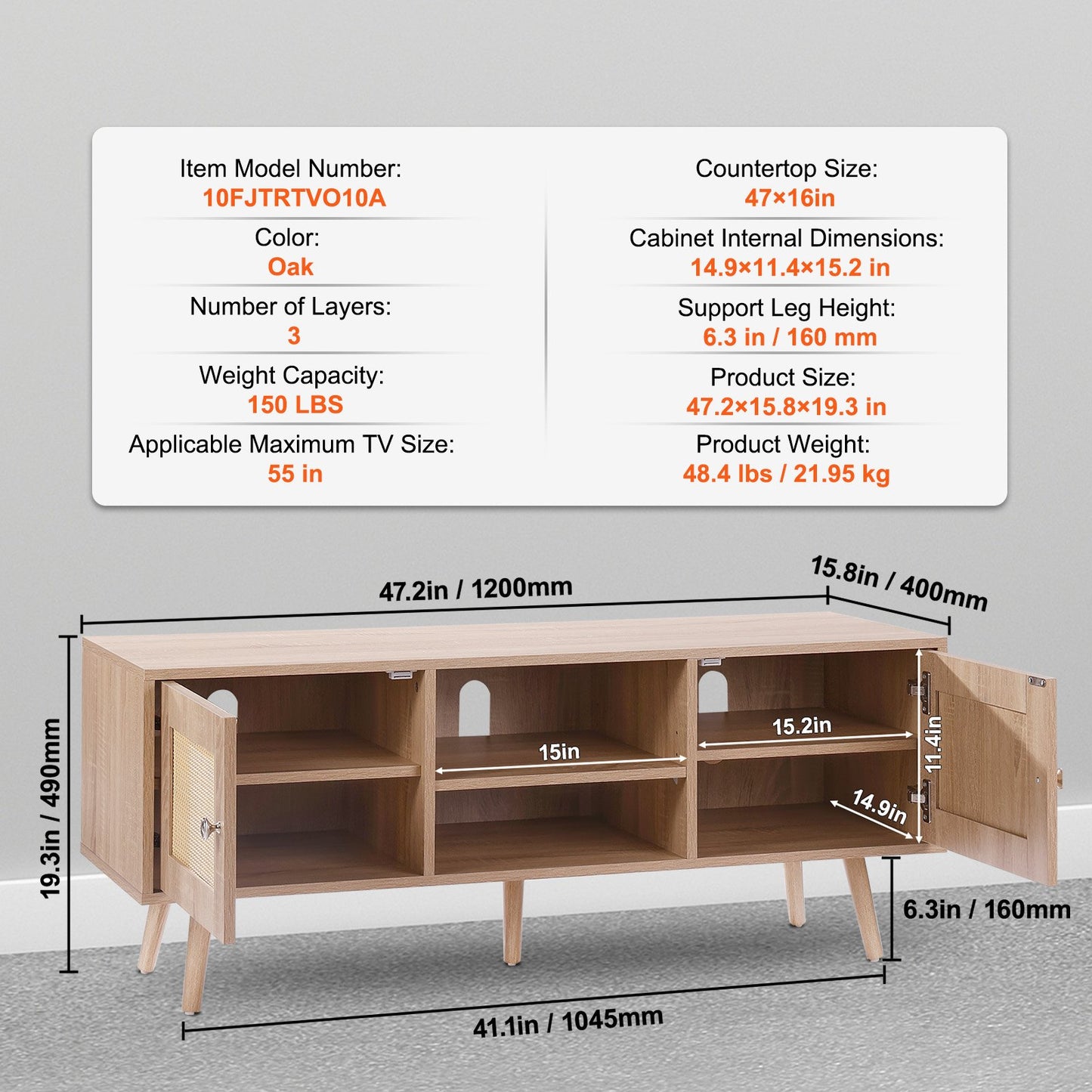 Rattan-TV-Ständer, Boho-TV-Schrank für 55-Zoll-Fernseher, Mid-Century Modern-TV-Ständer, Rattan-TV-Konsole mit verstellbaren Regalen für Wohnzimmer, Medienraum, Eiche