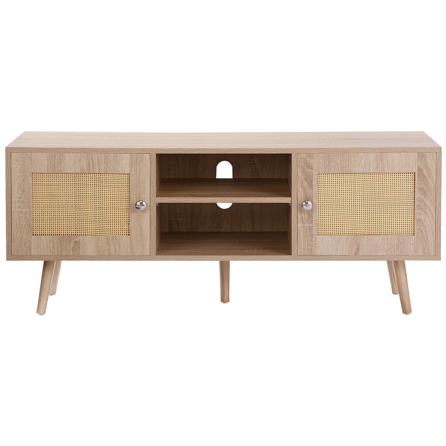 Rattan-TV-Ständer, Boho-TV-Schrank für 55-Zoll-Fernseher, Mid-Century Modern-TV-Ständer, Rattan-TV-Konsole mit verstellbaren Regalen für Wohnzimmer, Medienraum, Eiche