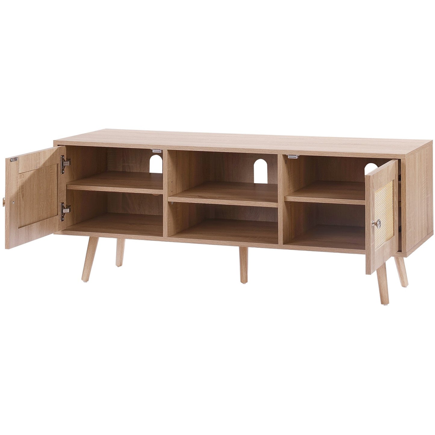 Rattan-TV-Ständer, Boho-TV-Schrank für 55-Zoll-Fernseher, Mid-Century Modern-TV-Ständer, Rattan-TV-Konsole mit verstellbaren Regalen für Wohnzimmer, Medienraum, Eiche