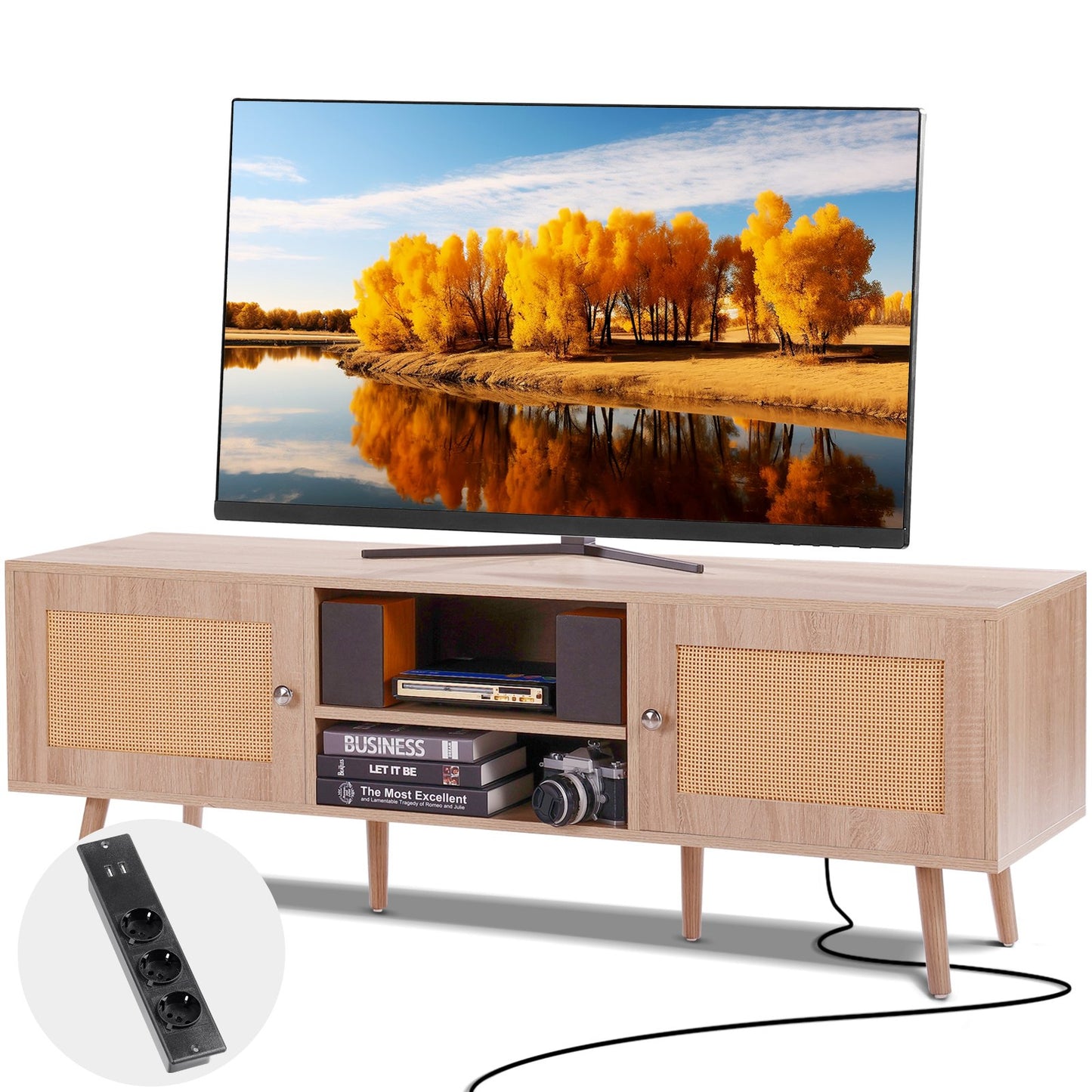 Rattan TV-Ständer für 65" Fernseher Boho TV-Ständer mit eingebauter Steckdose Eiche