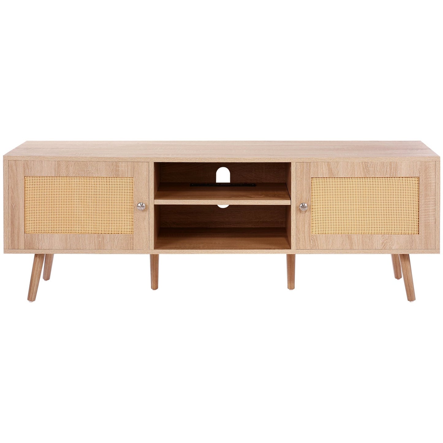 Rattan TV-Ständer für 65" Fernseher Boho TV-Ständer mit eingebauter Steckdose Eiche