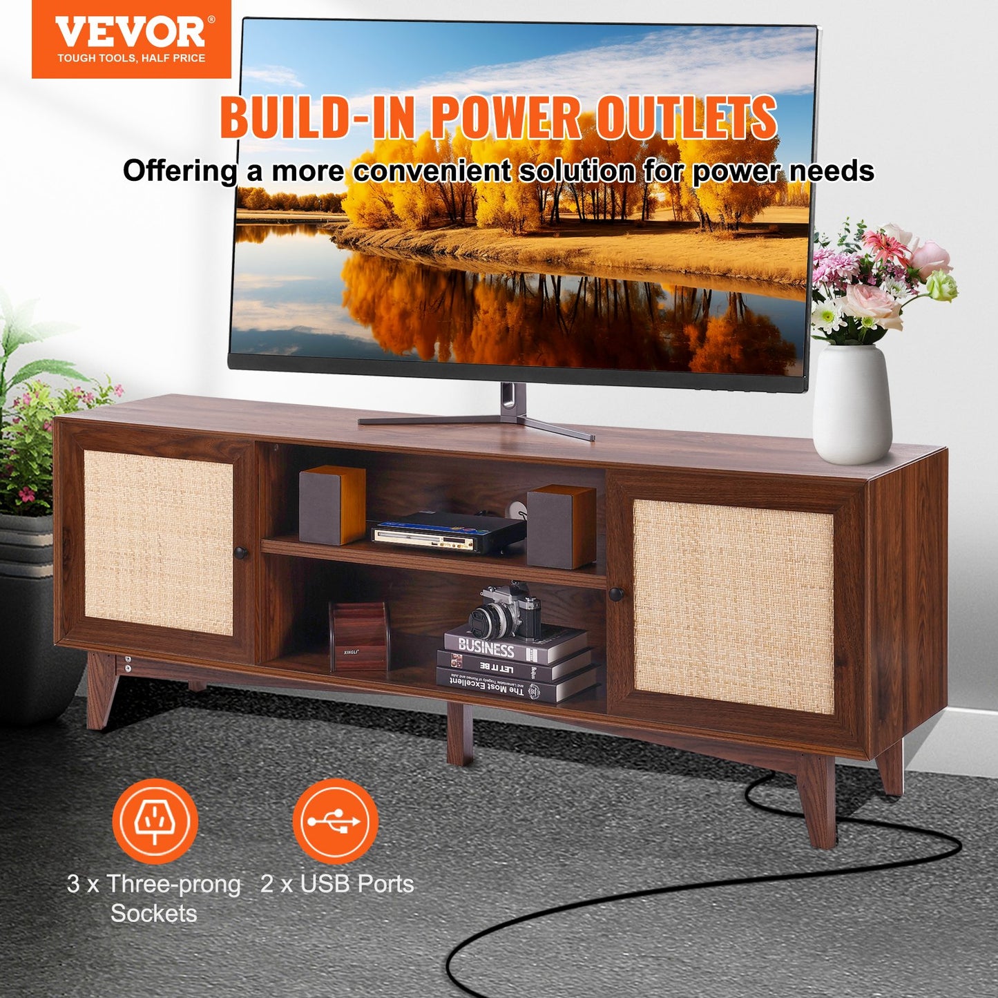Rattan-TV-Ständer 191cm Fernseher Boho-TV-Schrank Fernsehschrank Walnuss