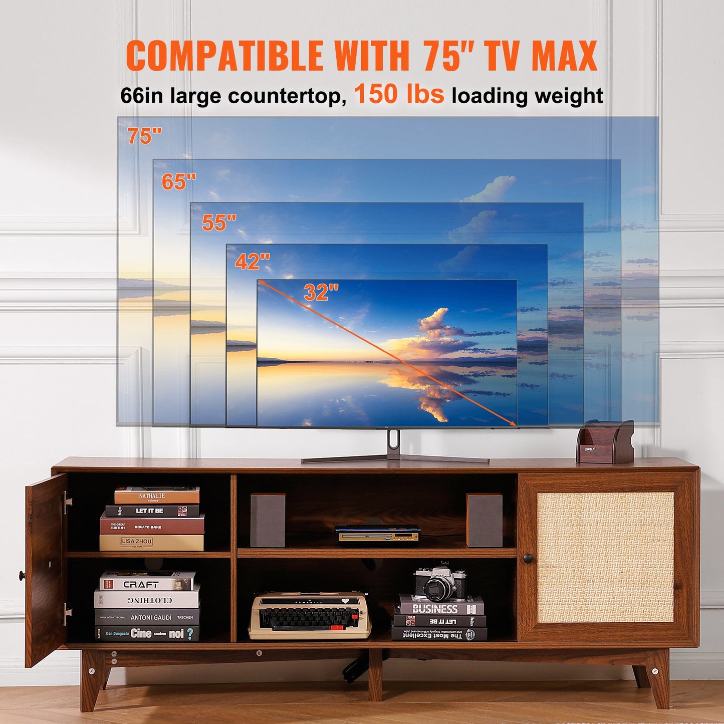 Rattan-TV-Ständer 191cm Fernseher Boho-TV-Schrank Fernsehschrank Walnuss