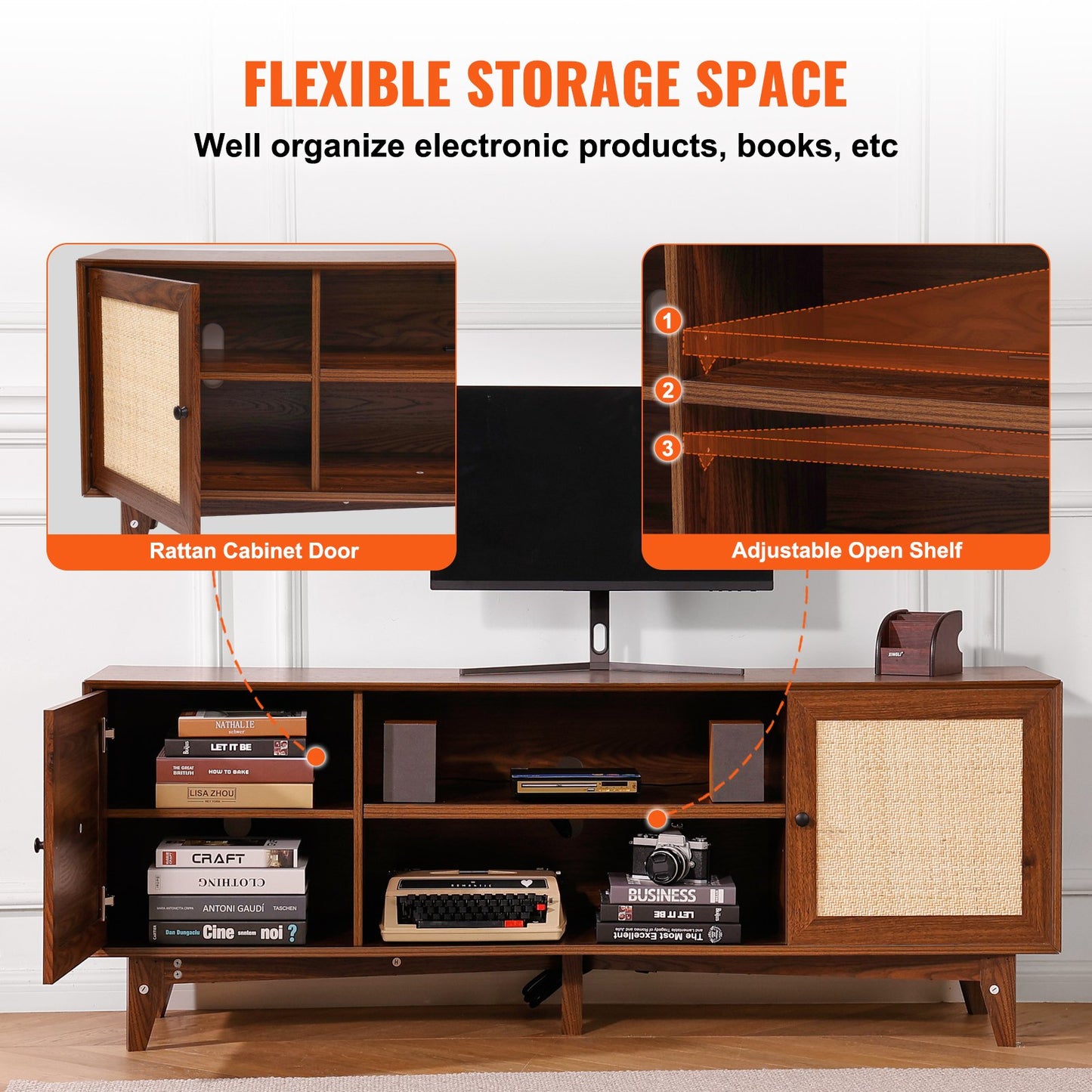 Rattan-TV-Ständer 191cm Fernseher Boho-TV-Schrank Fernsehschrank Walnuss