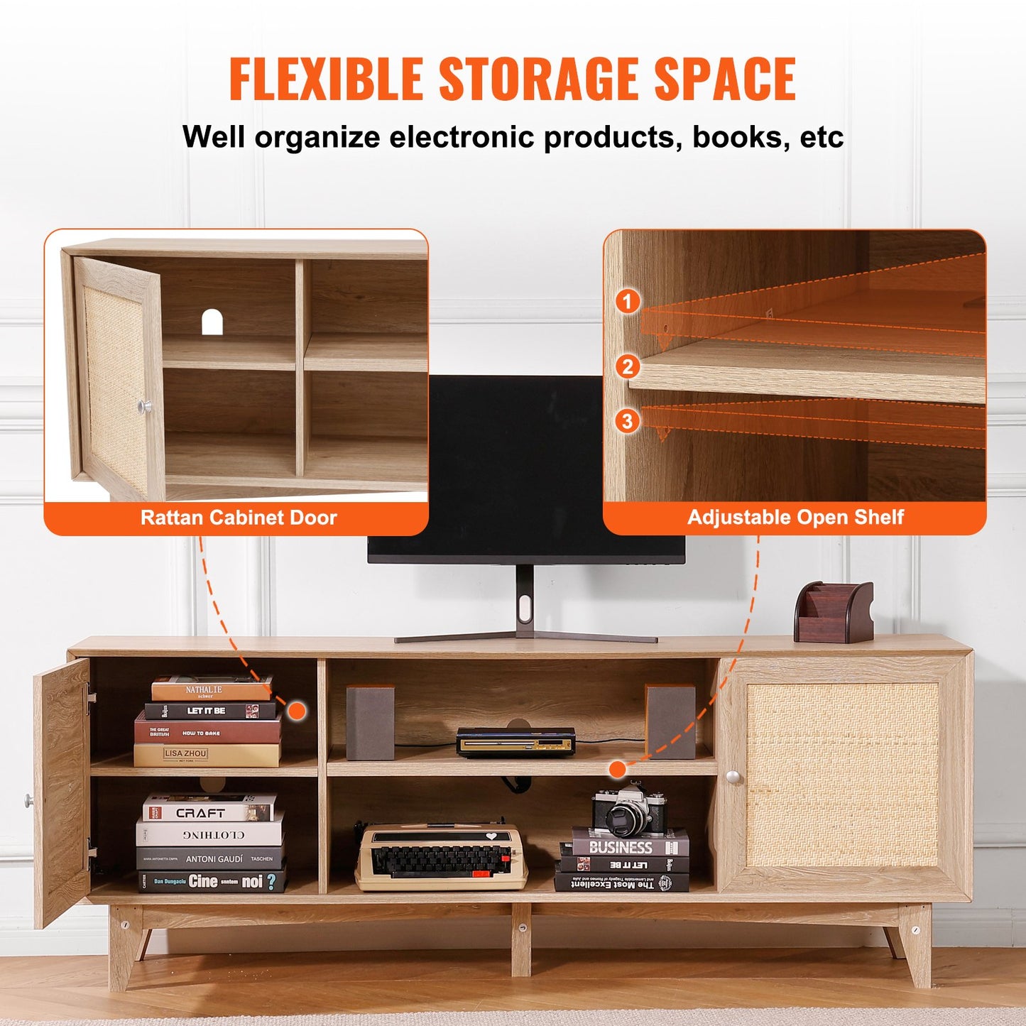 Rattan-TV-Ständer 191cm Fernseher Boho-TV-Schrank Fernsehschrank Eiche